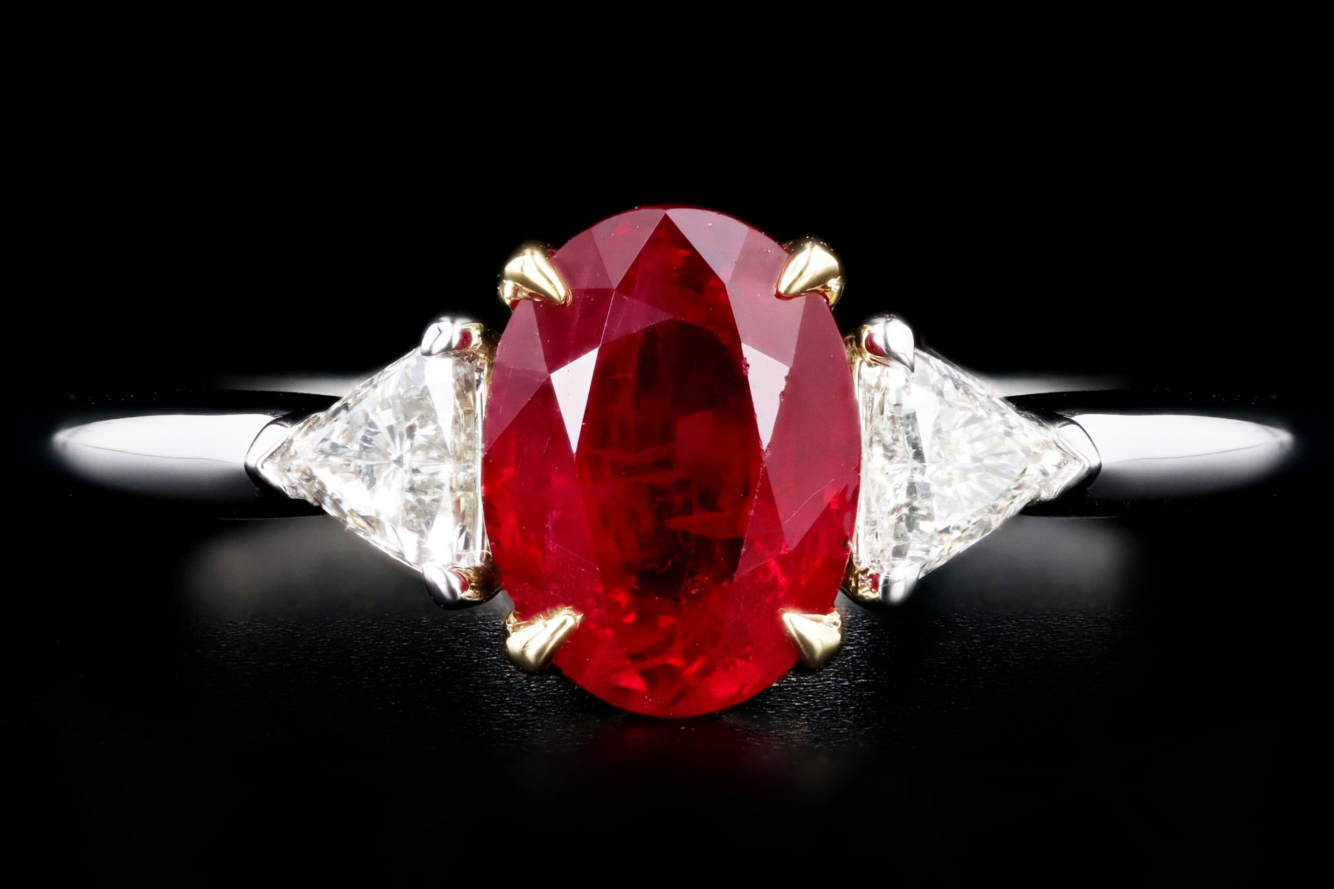 Platinum & 18K Yellow Gold 1.39 Carat Oval Natural Burma Ruby & Trillion Diamond Ring - Queen May