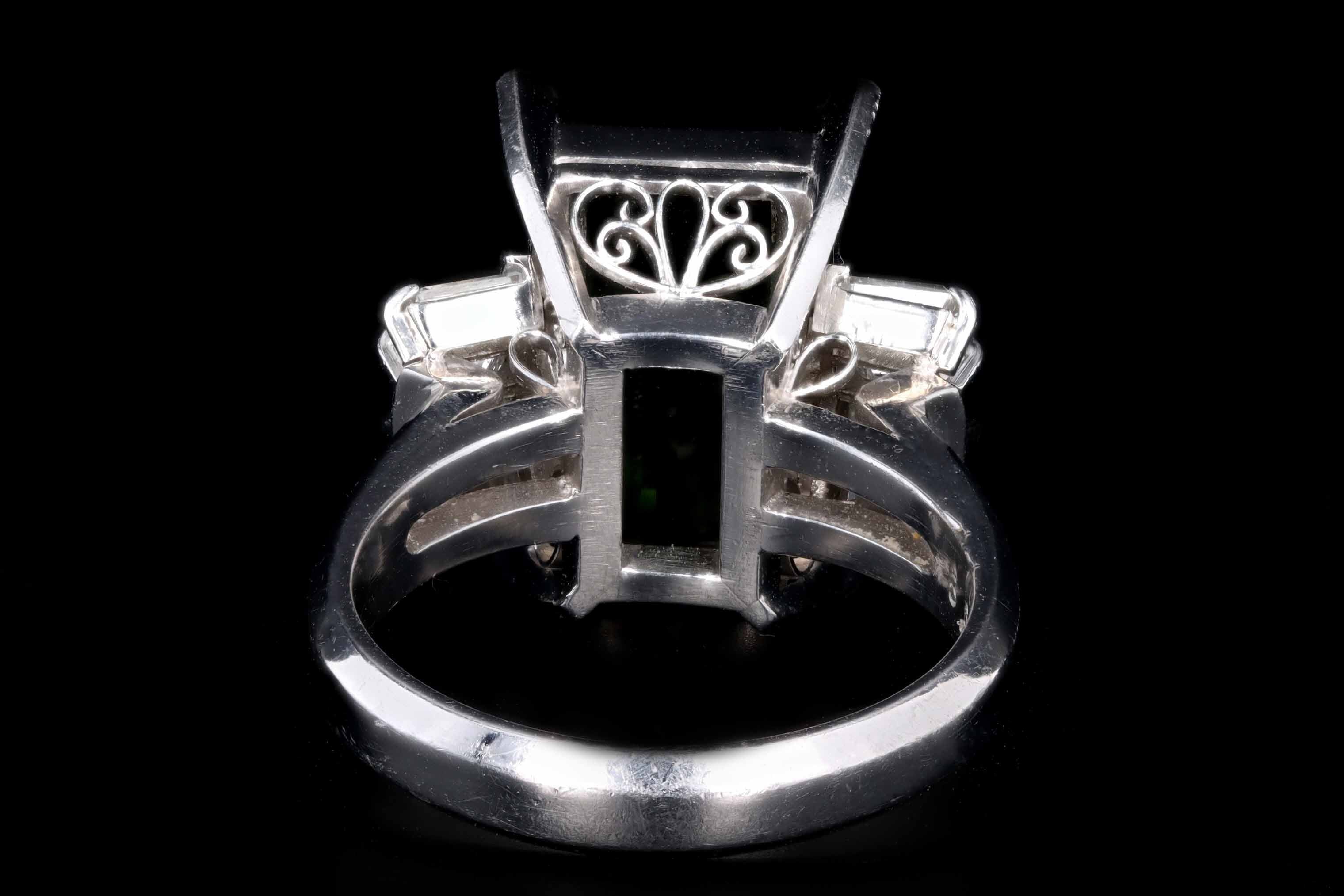 Platinum 5.63 Carat Emerald Cut Green Tourmaline & Baguette Diamond Ring - Queen May