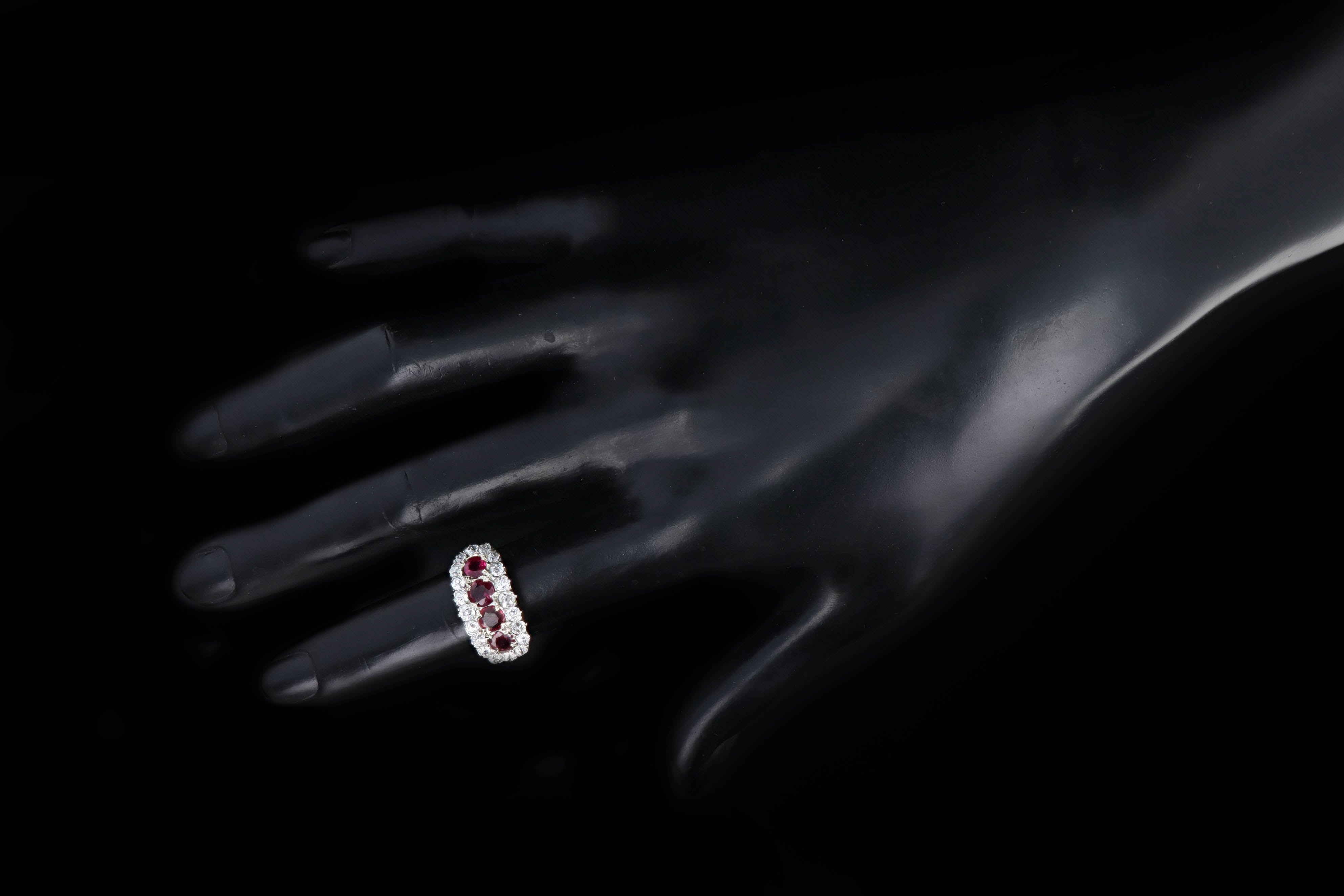 Victorian 18K Yellow Gold Four Round Natural Ruby & Old European Cut Diamond Ring - Queen May