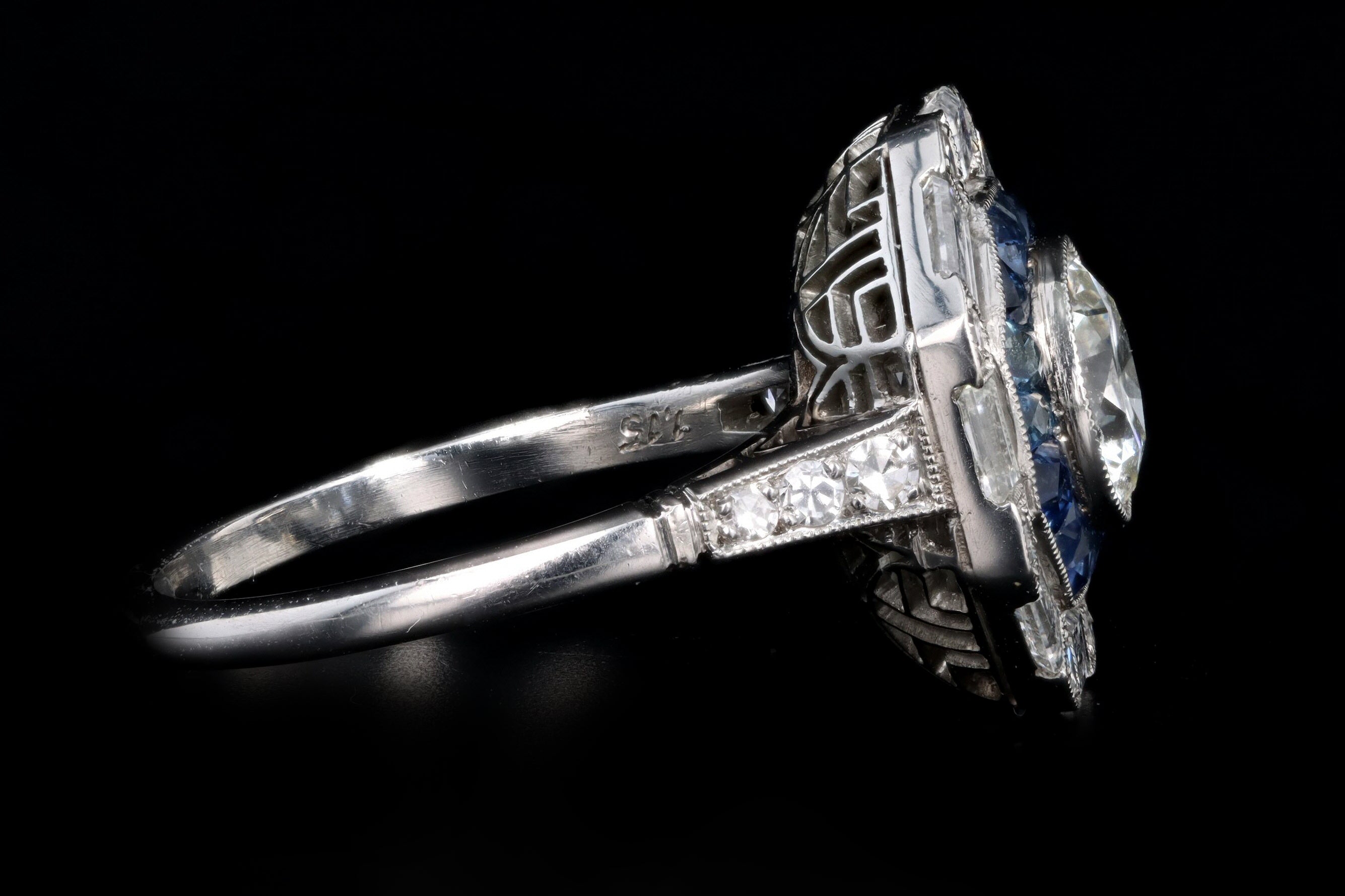 Art Deco Inspired 1.15 Carat Old European Cut Diamond & Sapphire Halo Engagement Ring - Queen May
