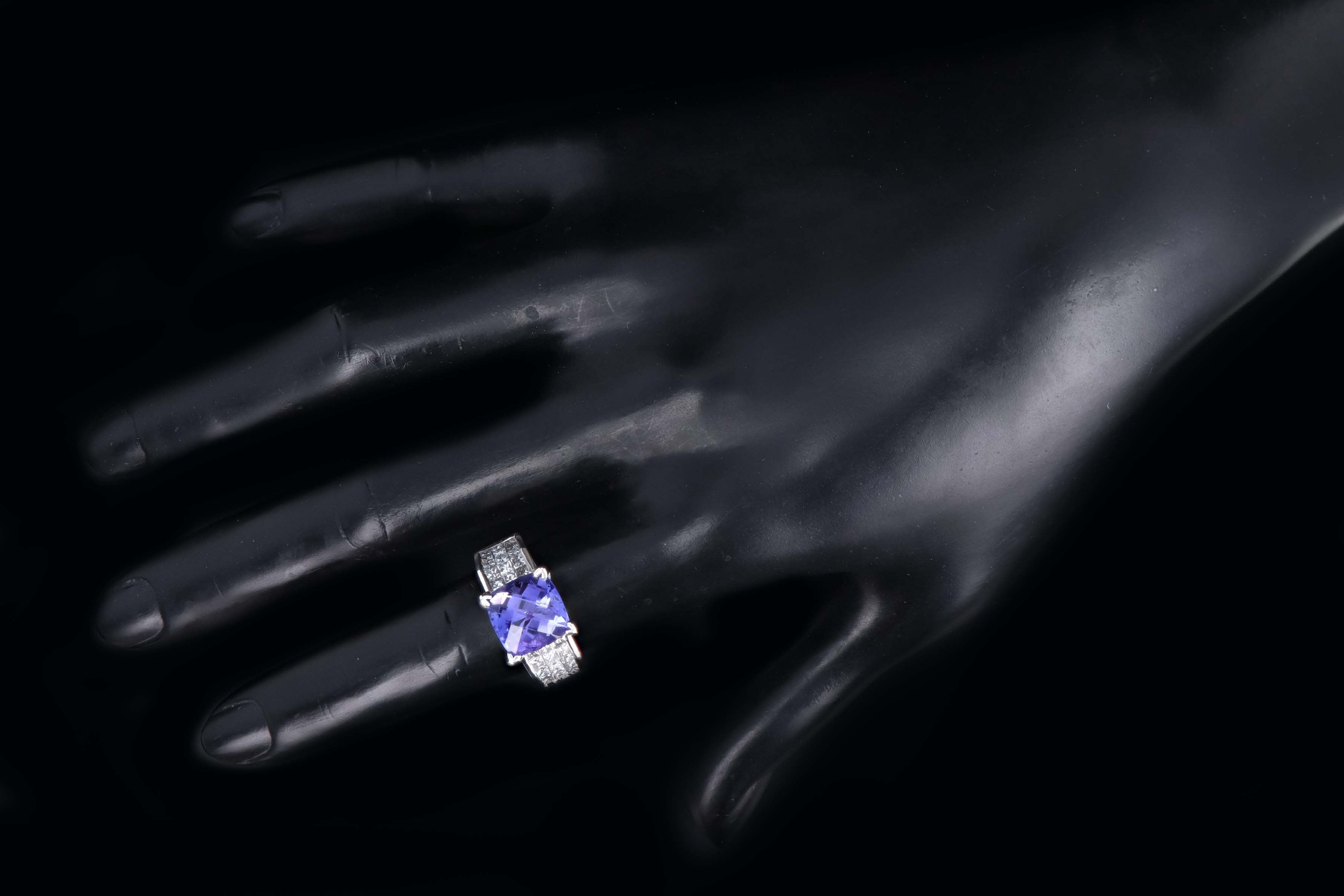 18K White Gold 3.50 Carat Tanzanite & Princess Cut Diamond Ring - Queen May