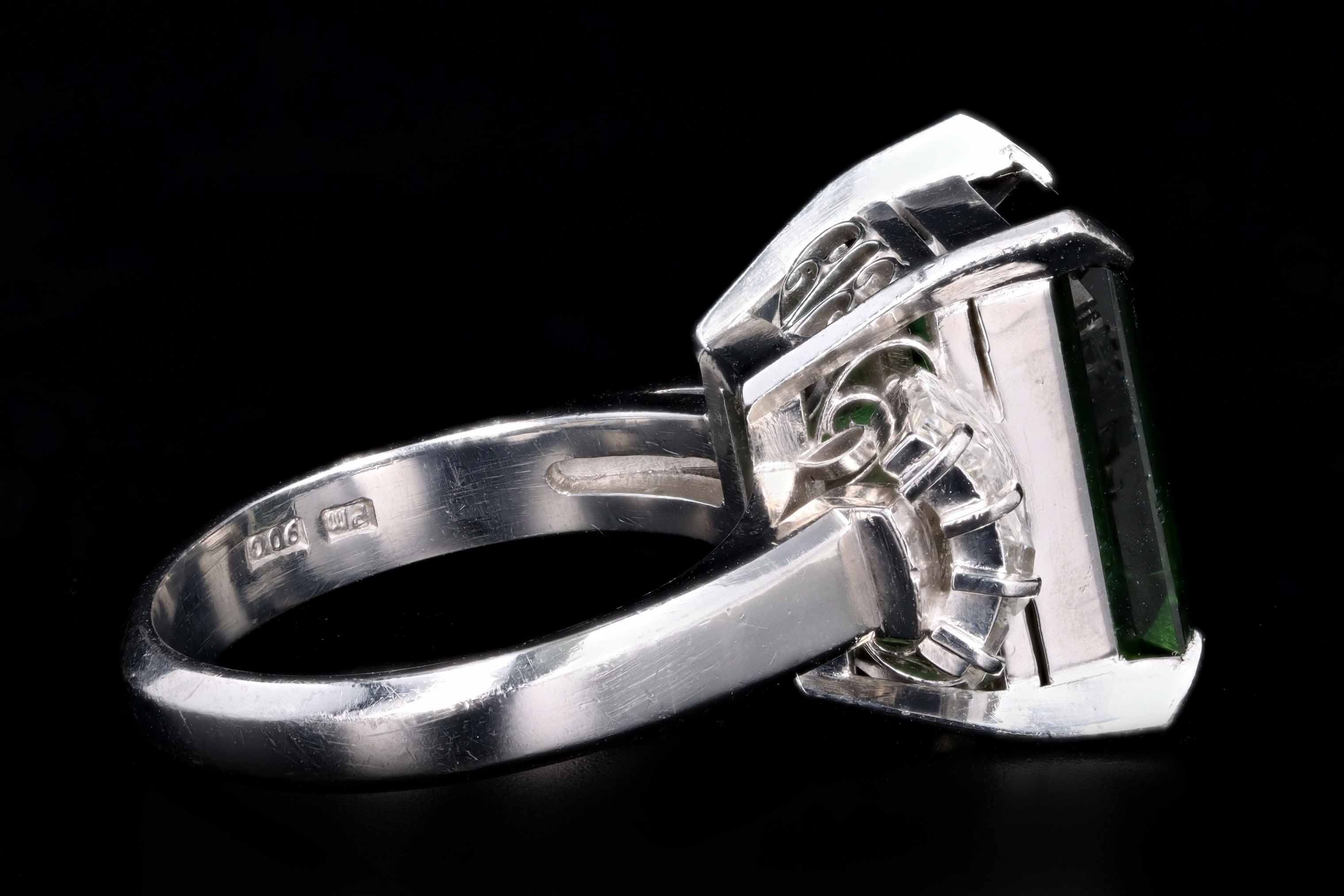 Platinum 5.63 Carat Emerald Cut Green Tourmaline & Baguette Diamond Ring - Queen May