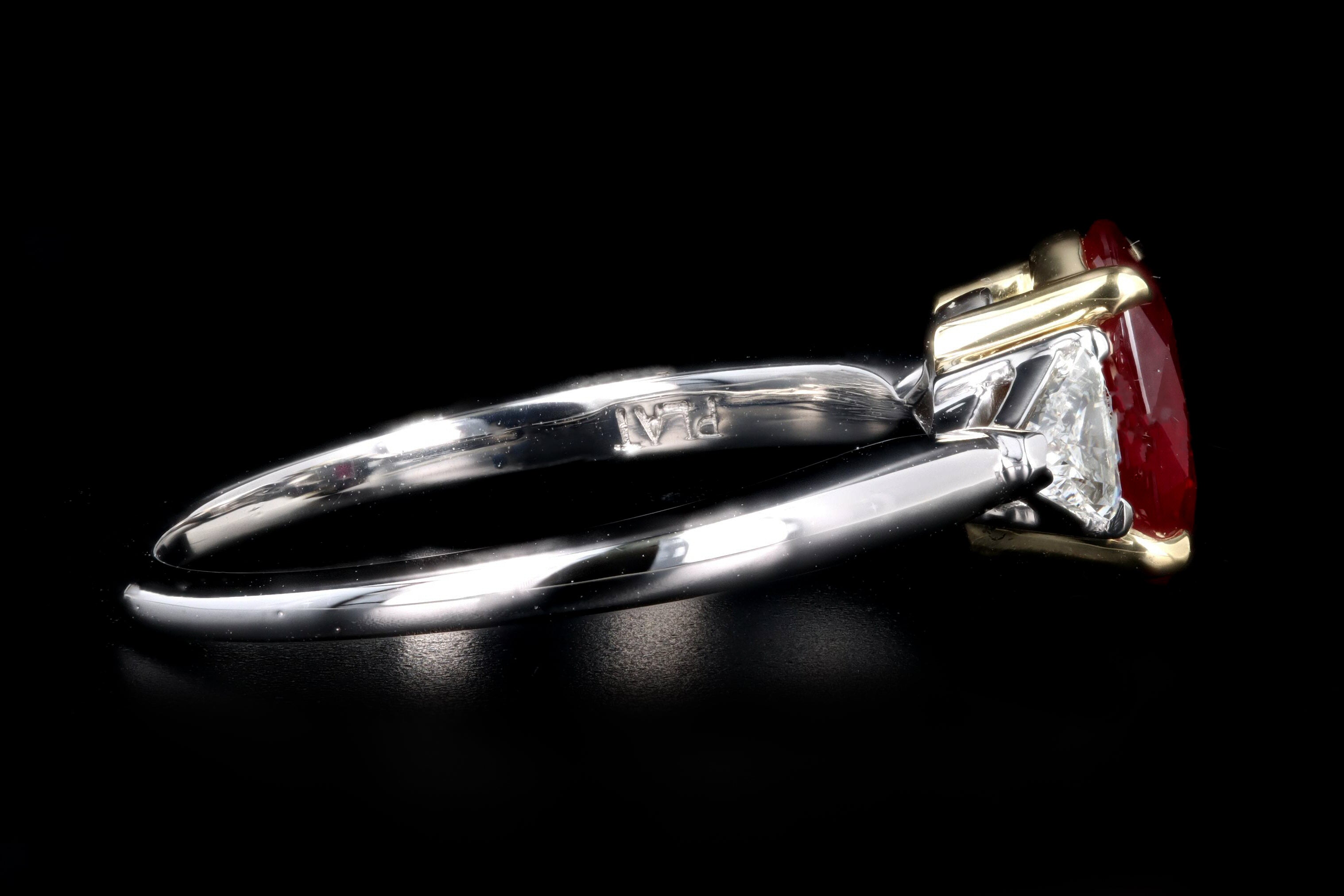 Platinum & 18K Yellow Gold 1.39 Carat Oval Natural Burma Ruby & Trillion Diamond Ring - Queen May
