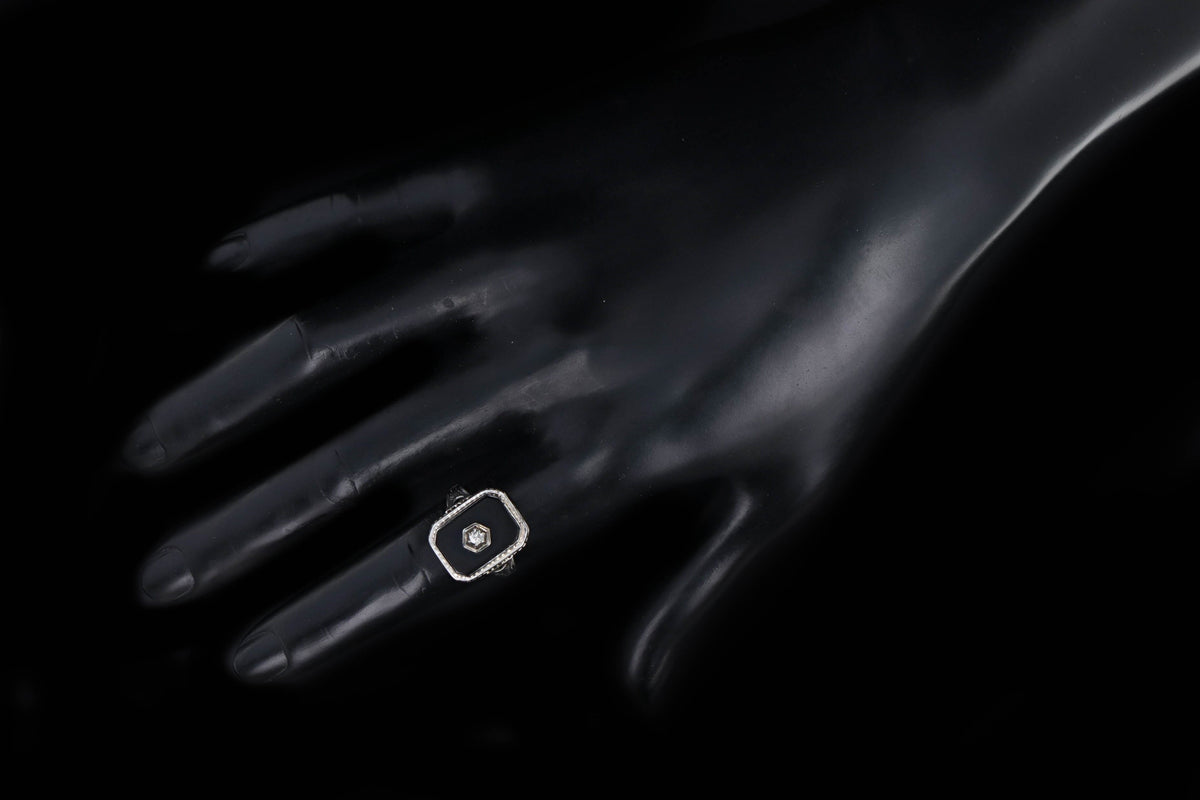 Art Deco 14K White Gold Black Onyx & Antique Single Cut Diamond Ring - Queen May