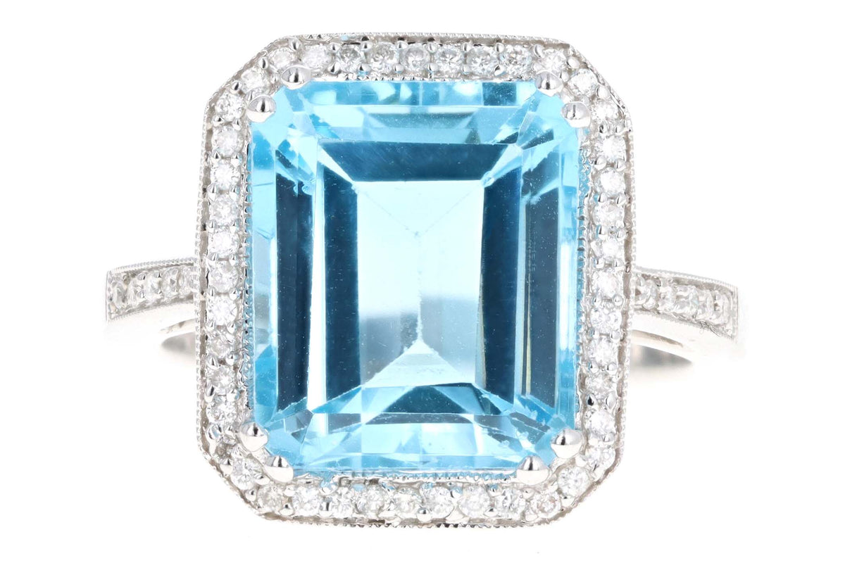18K White Gold 7.20 Carat Emerald Cut Blue Topaz & Diamond Halo Ring - Queen May