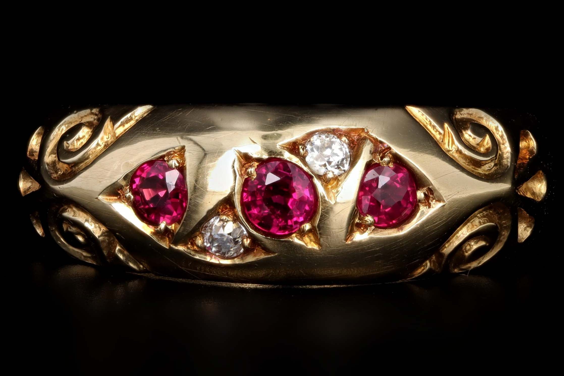 Victorian 18K Yellow Gold Natural Ruby & Old European Cut Diamond Gypsy Ring - Queen May