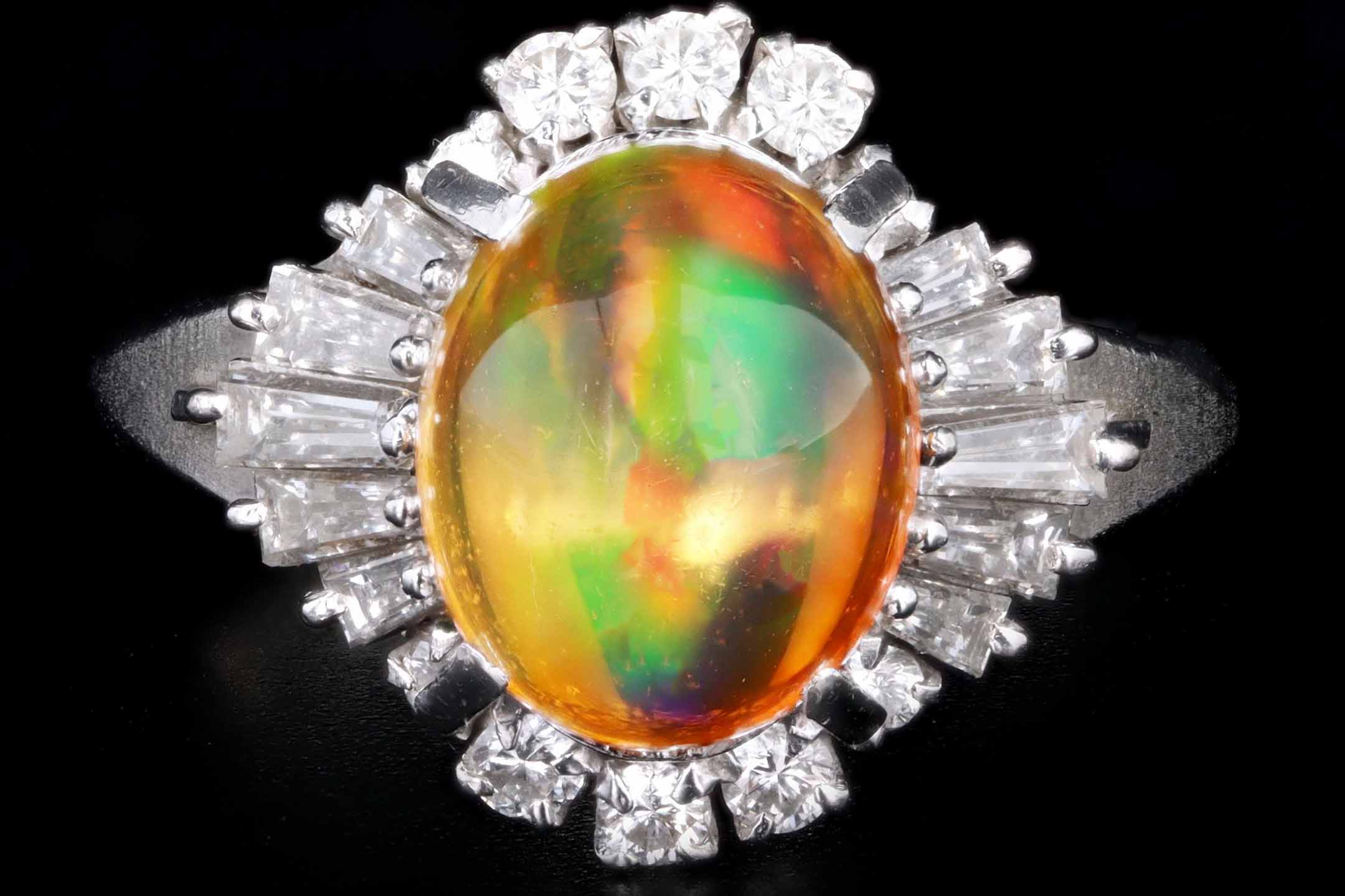Retro Platinum 2.45 Carat Mexican Fire Opal & Baguette Diamond Ballerina Ring - Queen May