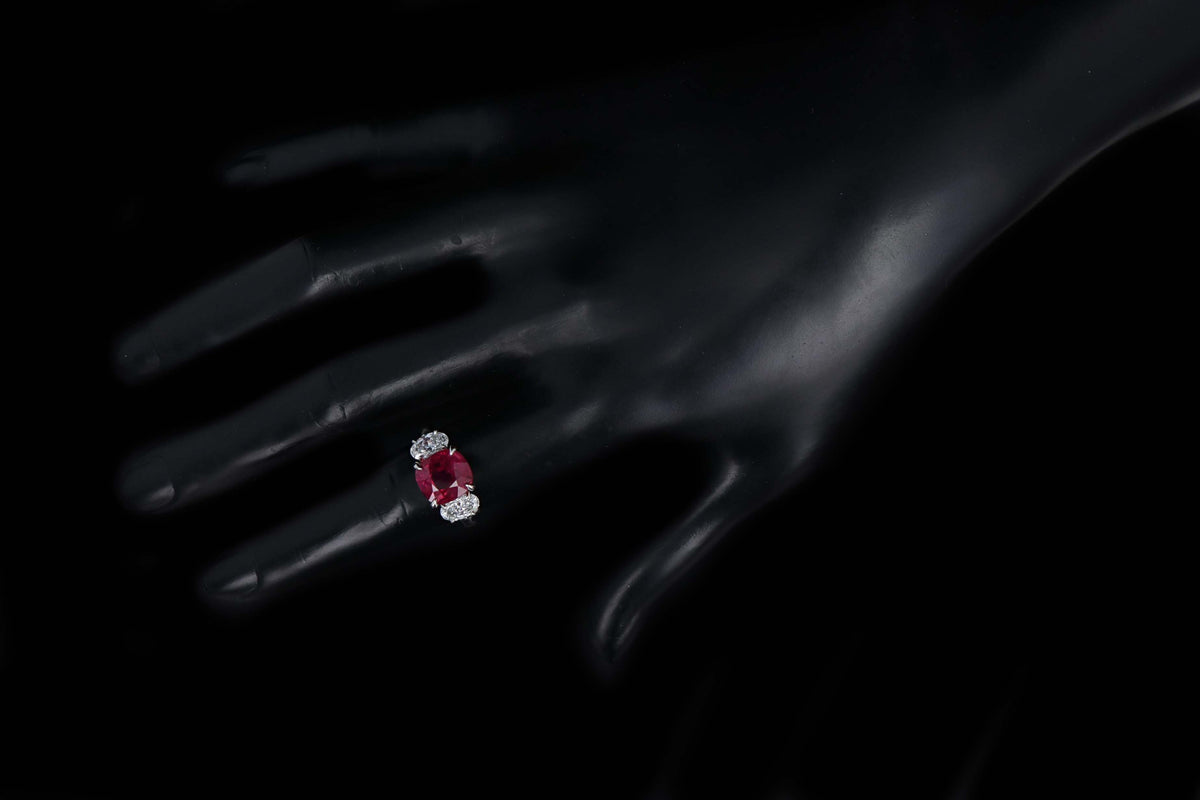 Platinum 5.10 Carat Cushion Cut Natural Madagascar Ruby & Oval Diamond Three Stone Ring Lotus/GIA Certified - Queen May