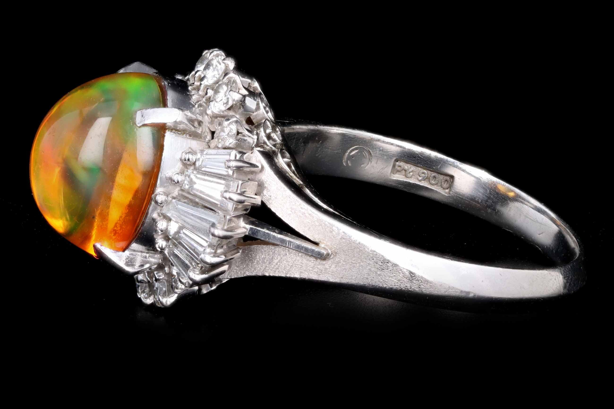 Retro Platinum 2.45 Carat Mexican Fire Opal & Baguette Diamond Ballerina Ring - Queen May