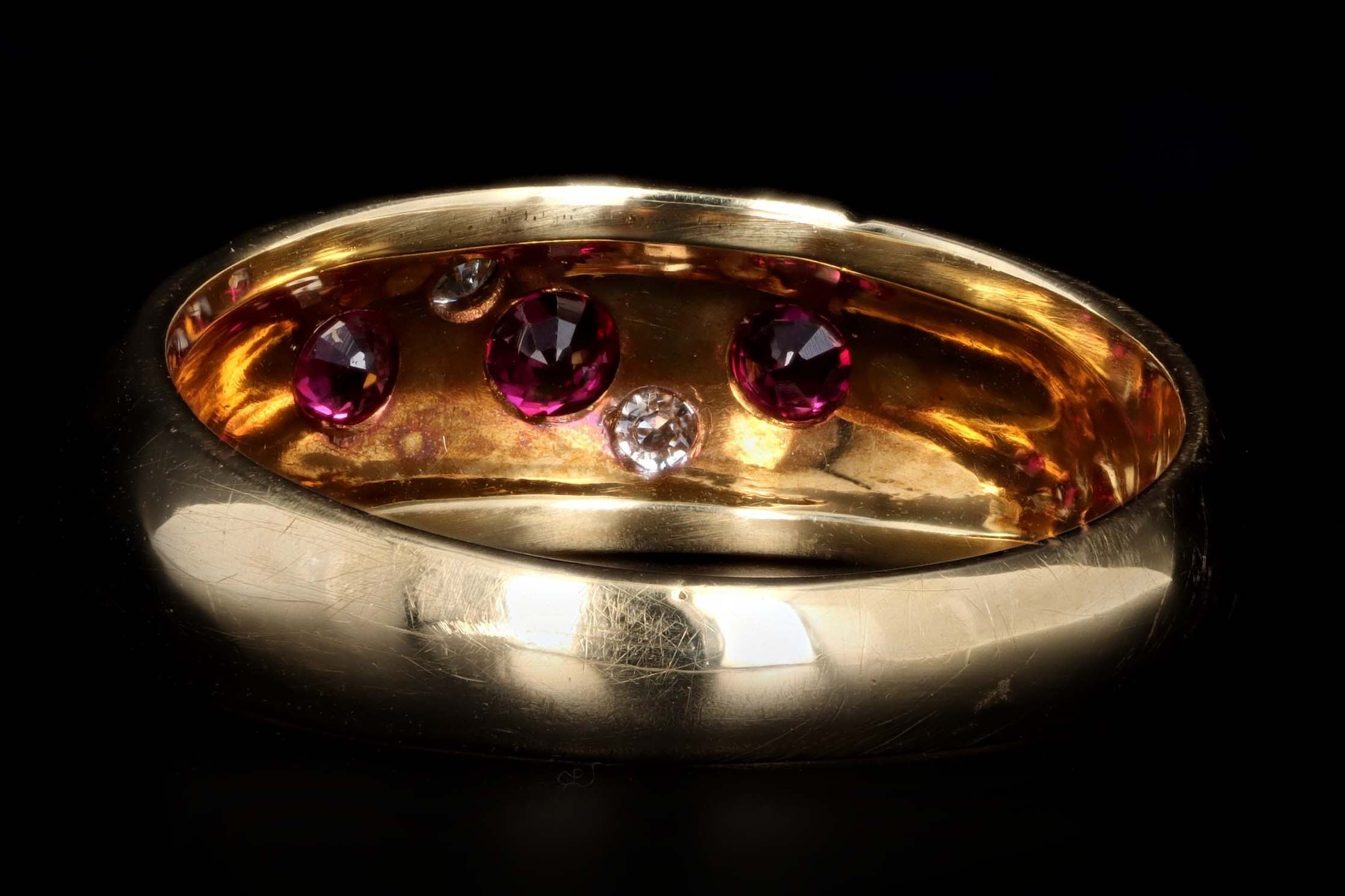 Victorian 18K Yellow Gold Natural Ruby & Old European Cut Diamond Gypsy Ring - Queen May