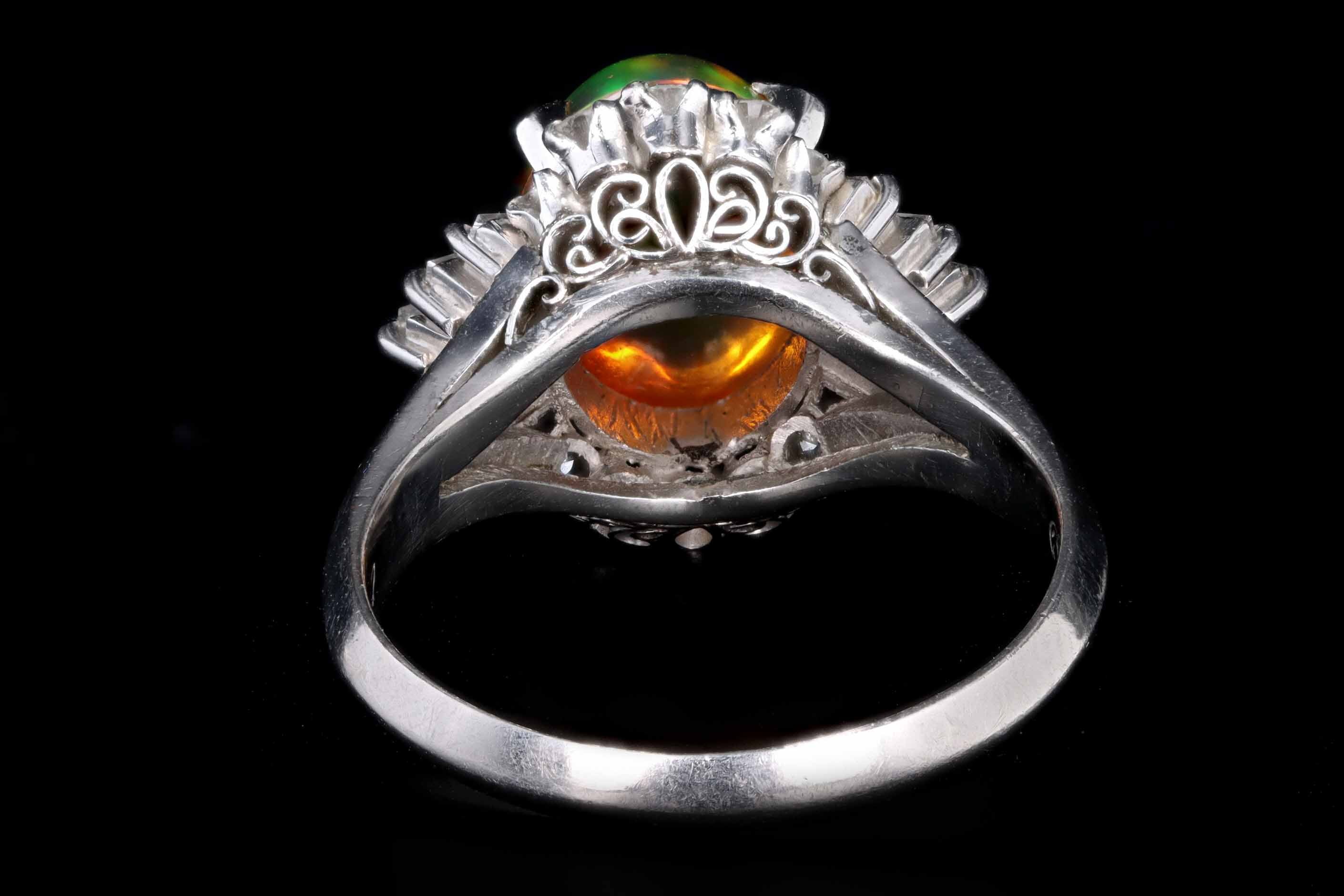 Retro Platinum 2.45 Carat Mexican Fire Opal & Baguette Diamond Ballerina Ring - Queen May
