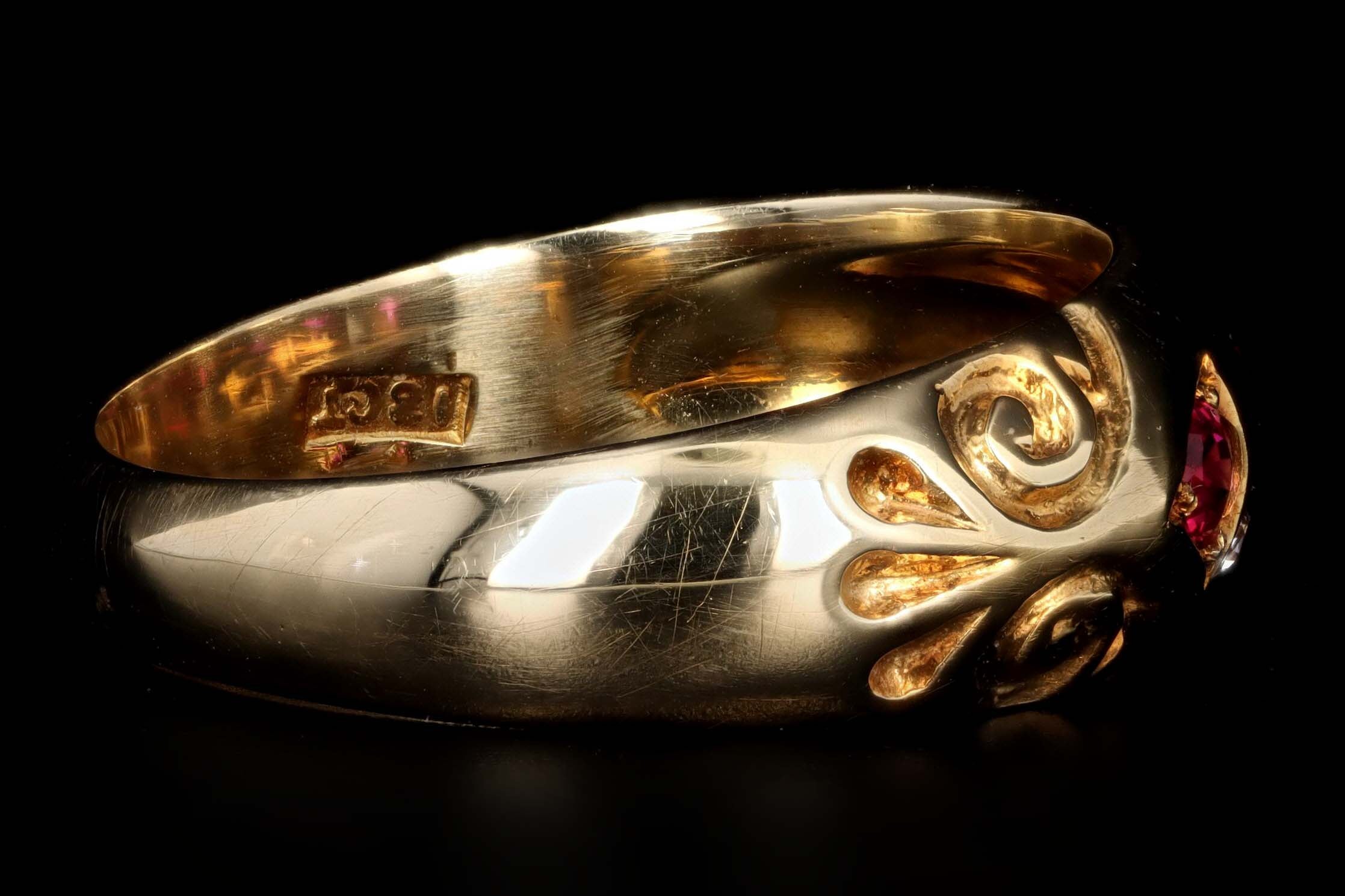 Victorian 18K Yellow Gold Natural Ruby & Old European Cut Diamond Gypsy Ring - Queen May