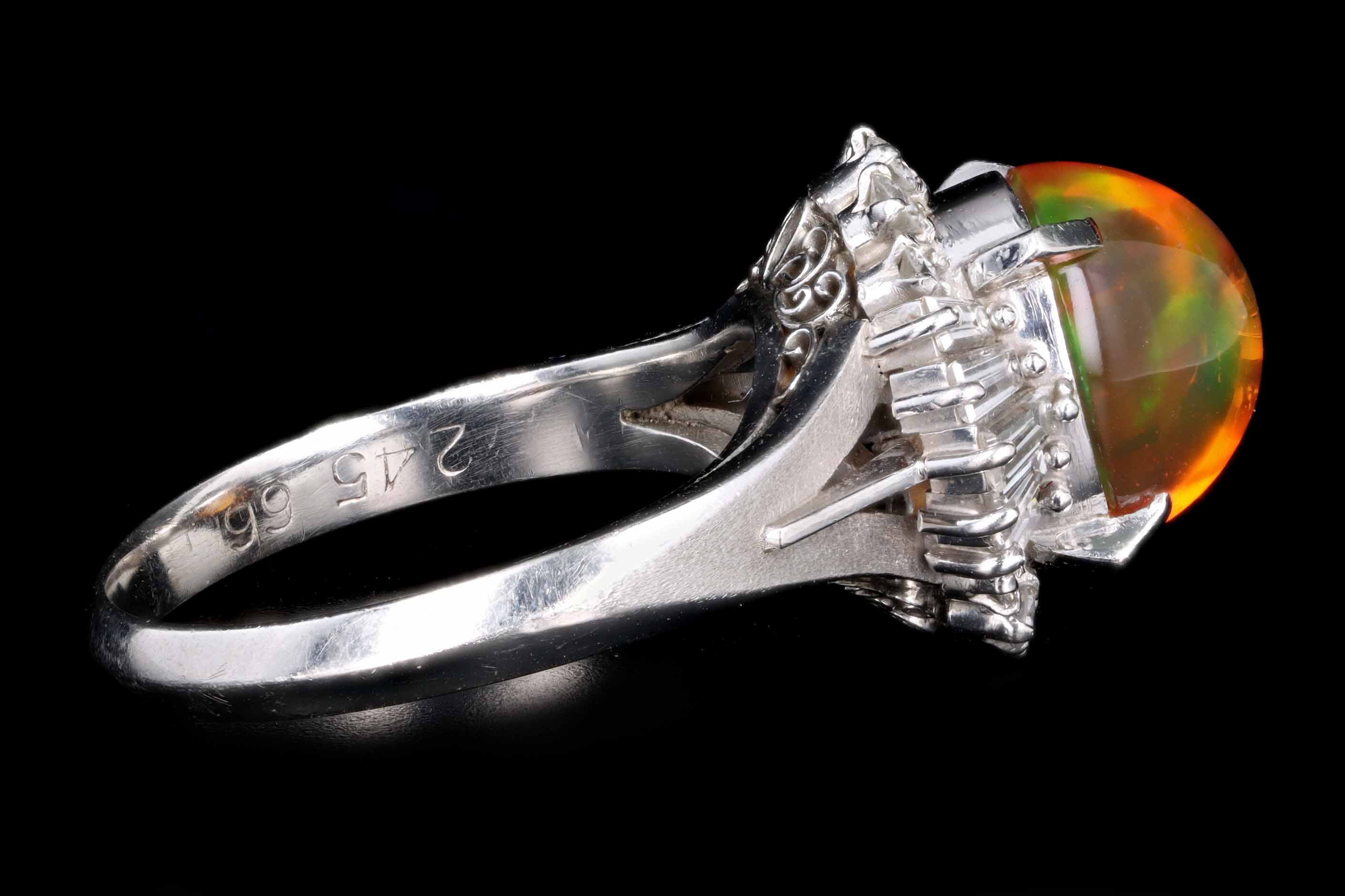 Retro Platinum 2.45 Carat Mexican Fire Opal & Baguette Diamond Ballerina Ring - Queen May