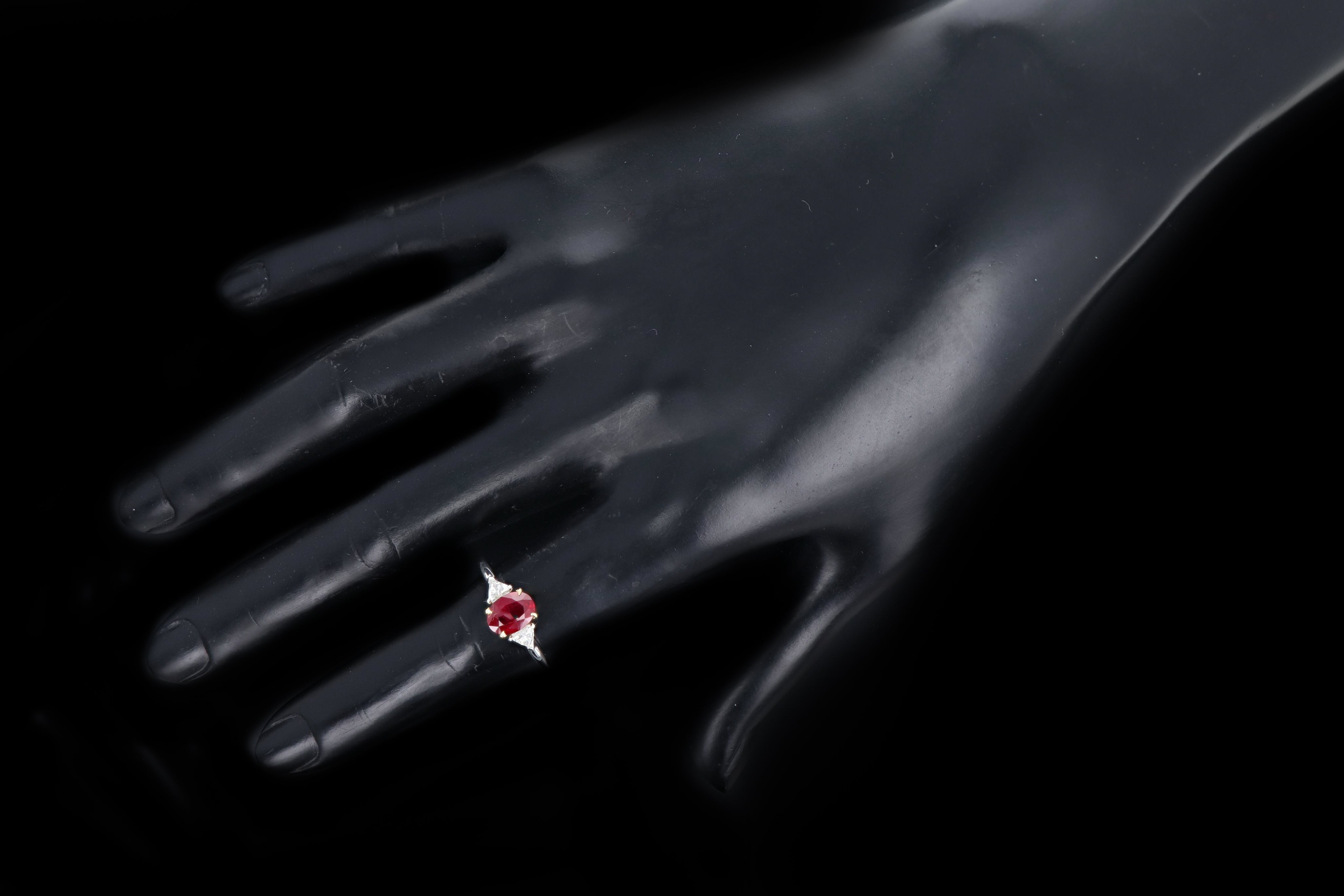 Platinum & 18K Yellow Gold 1.39 Carat Oval Natural Burma Ruby & Trillion Diamond Ring - Queen May