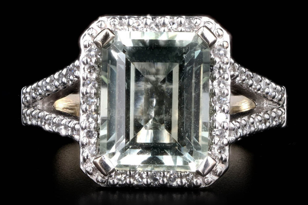 14K White Gold 1.75 Carat Prasiolite & Diamond Halo Ring - Queen May