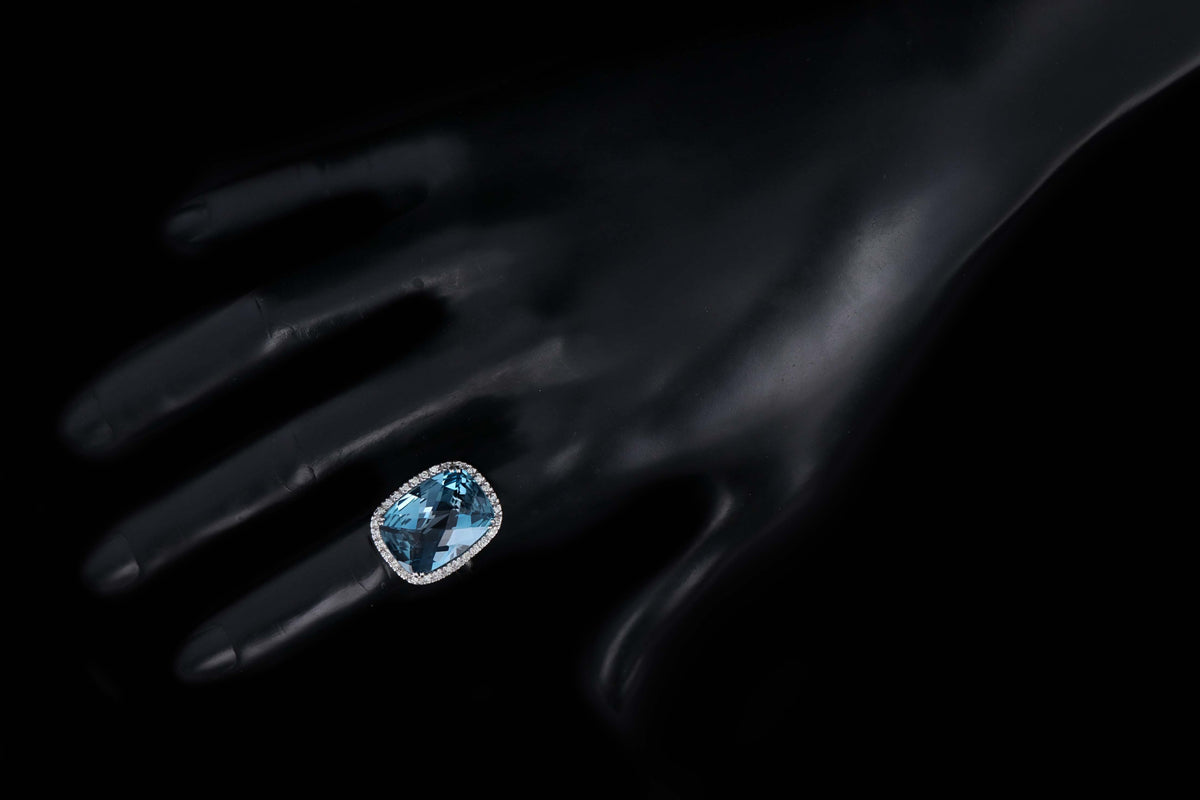 14K White Gold 11.82 Carat Blue Topaz & Diamond Halo Ring - Queen May