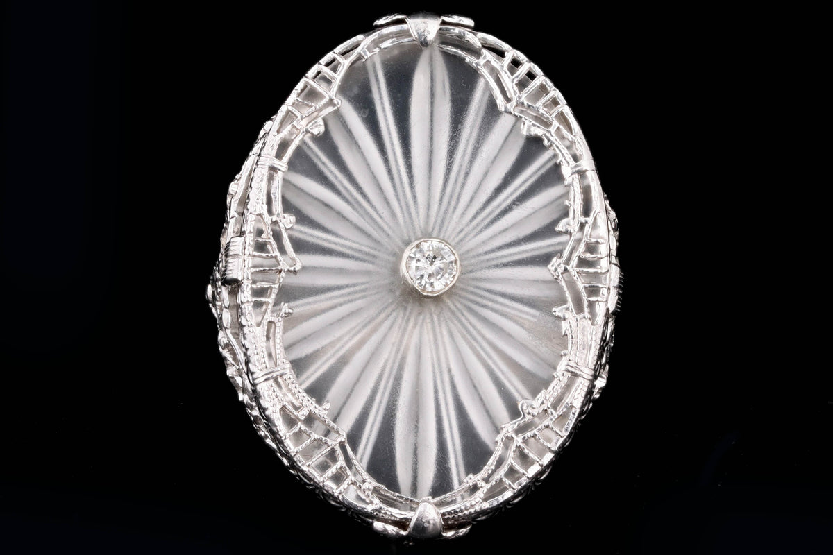 Art Deco 14K White Gold Rock Crystal Quartz & Diamond Filigree Ring - Queen May