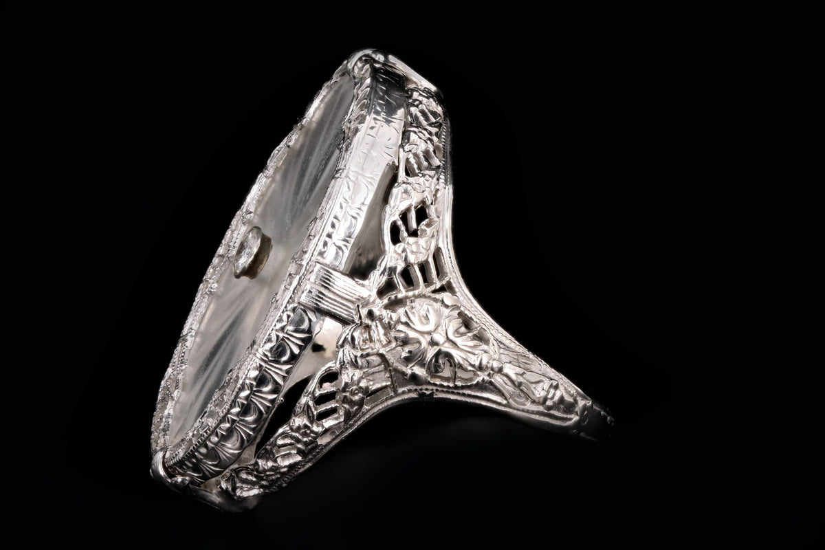 Art Deco 14K White Gold Rock Crystal Quartz & Diamond Filigree Ring - Queen May