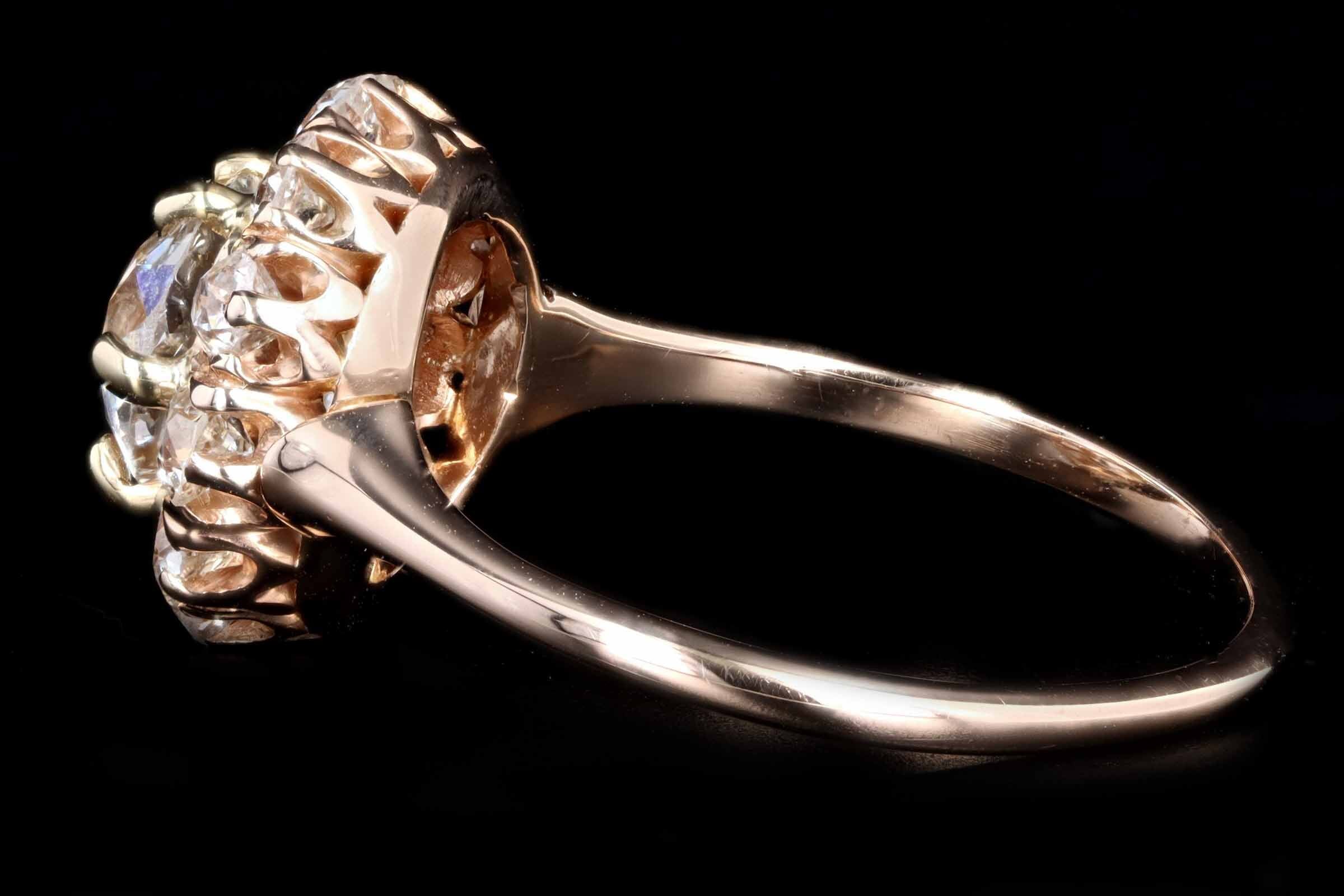 Victorian 14K Rose Gold 1.57 Carat Old European Cut Diamond Cluster Halo Engagement Ring GIA Certified - Queen May