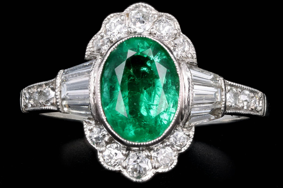 Art Deco Inspired Platinum 1.25 Carat Oval Cut Natural Emerald & Old European Cut Diamond Ring - Queen May
