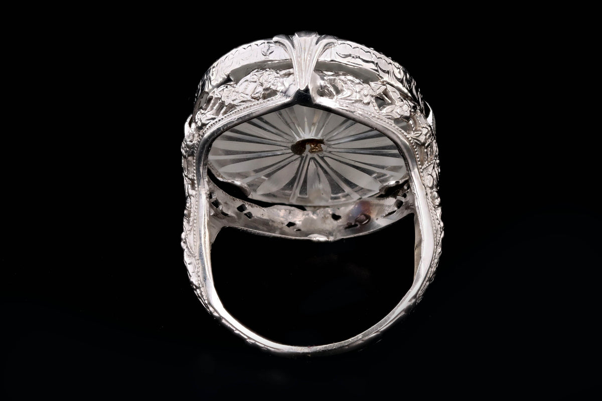 Art Deco 14K White Gold Rock Crystal Quartz & Diamond Filigree Ring - Queen May