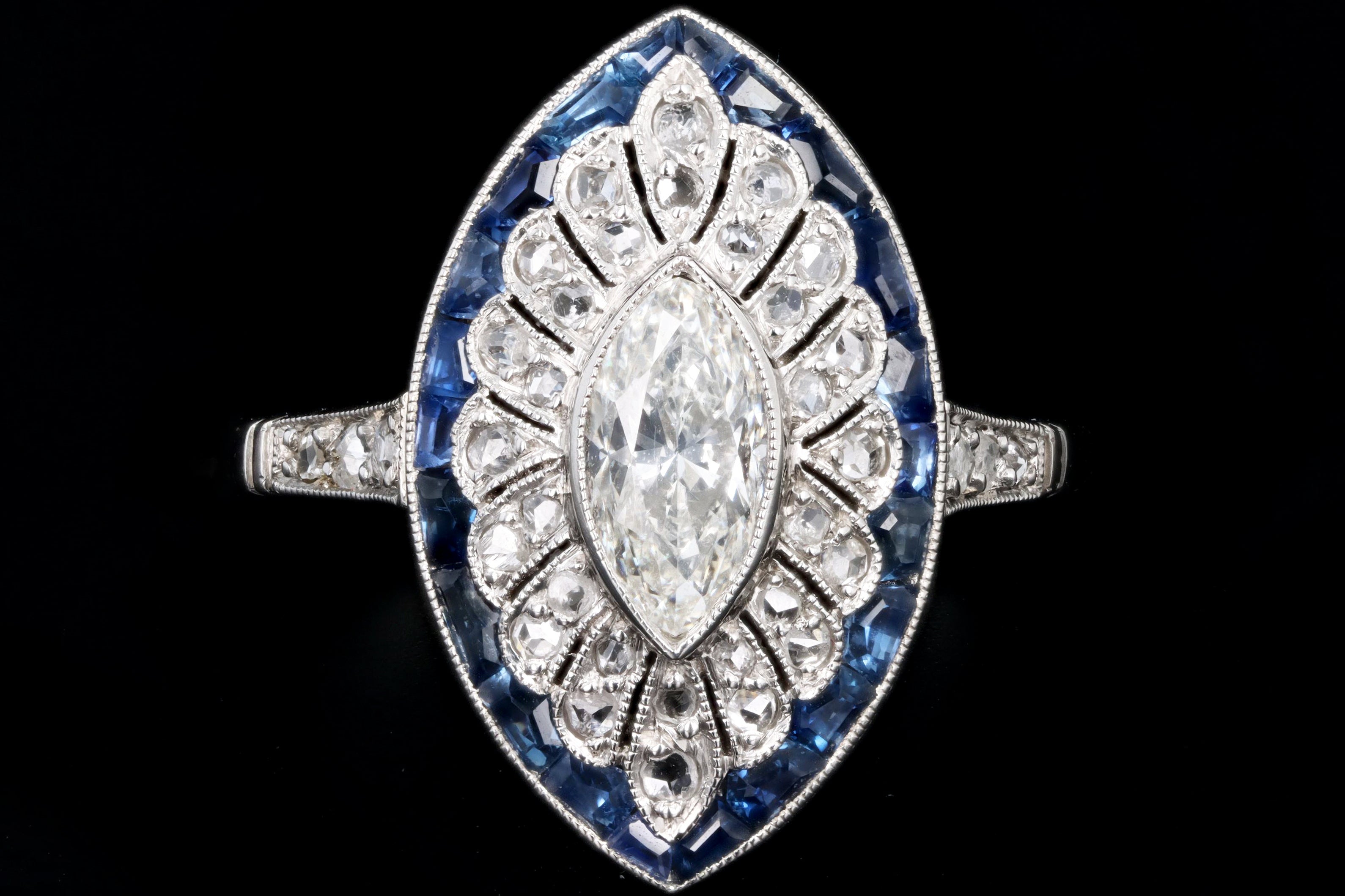 Art Deco Inspired Platinum .60 Carat Marquise Cut Diamond & Sapphire Ring - Queen May