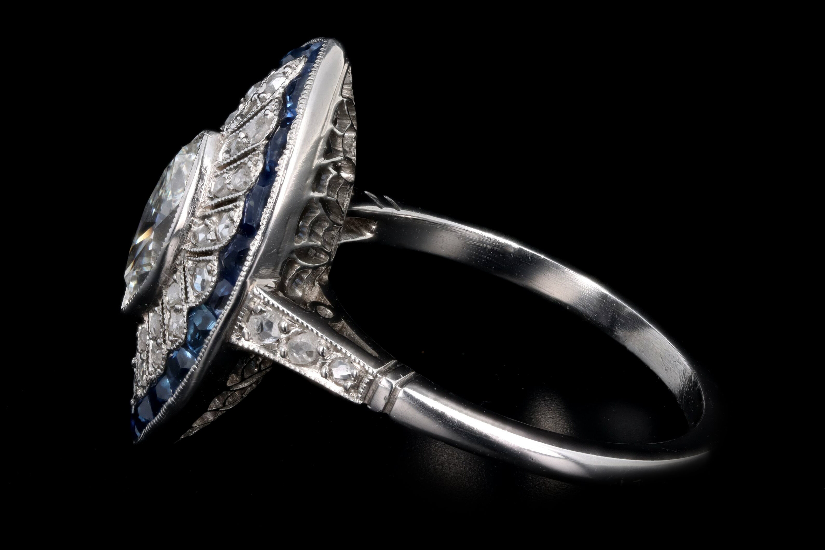 Art Deco Inspired Platinum .60 Carat Marquise Cut Diamond & Sapphire Ring - Queen May