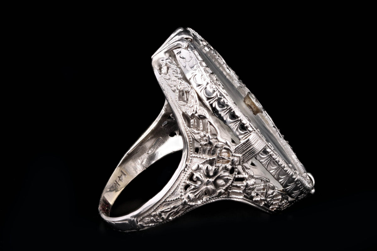 Art Deco 14K White Gold Rock Crystal Quartz & Diamond Filigree Ring - Queen May