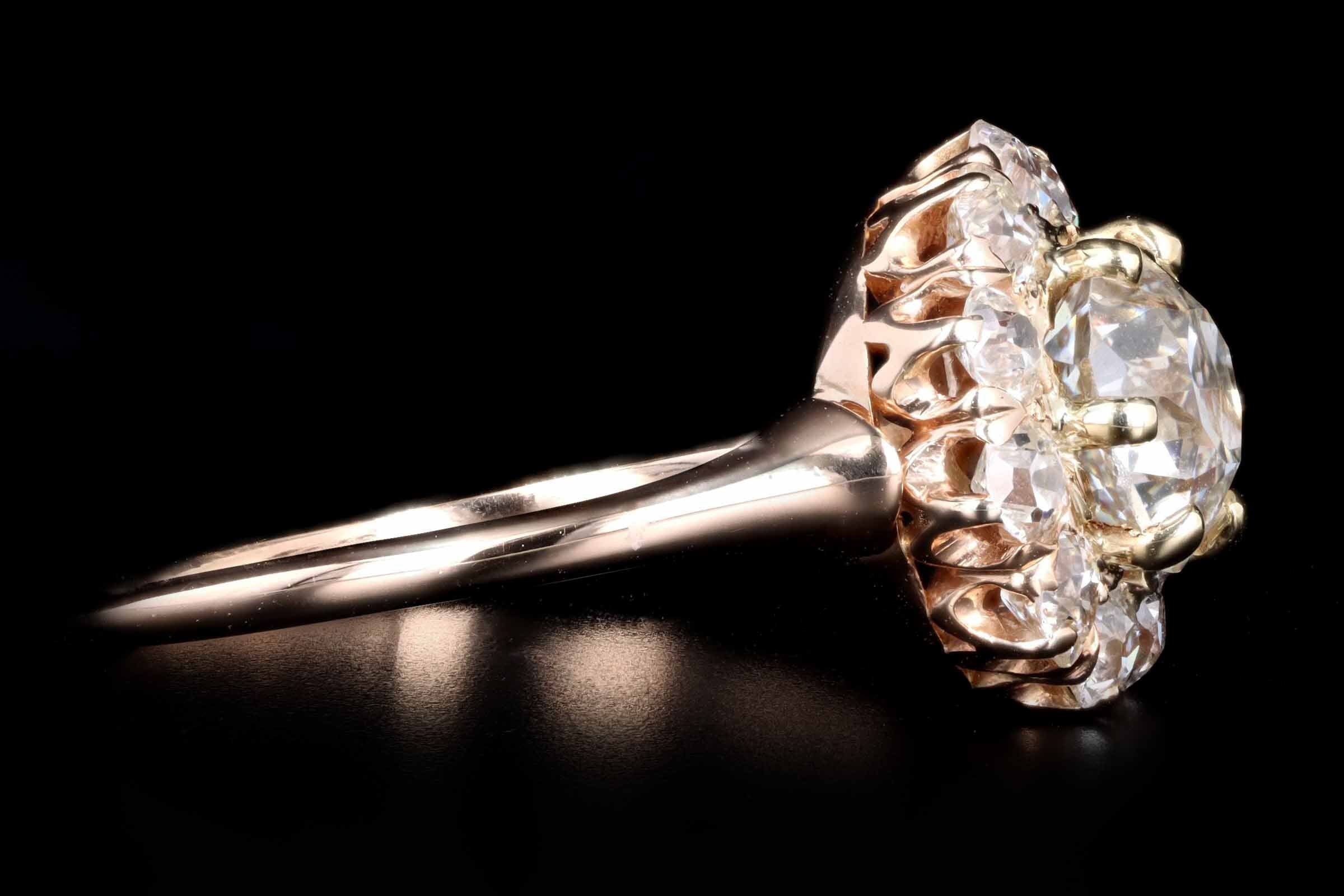Victorian 14K Rose Gold 1.57 Carat Old European Cut Diamond Cluster Halo Engagement Ring GIA Certified - Queen May