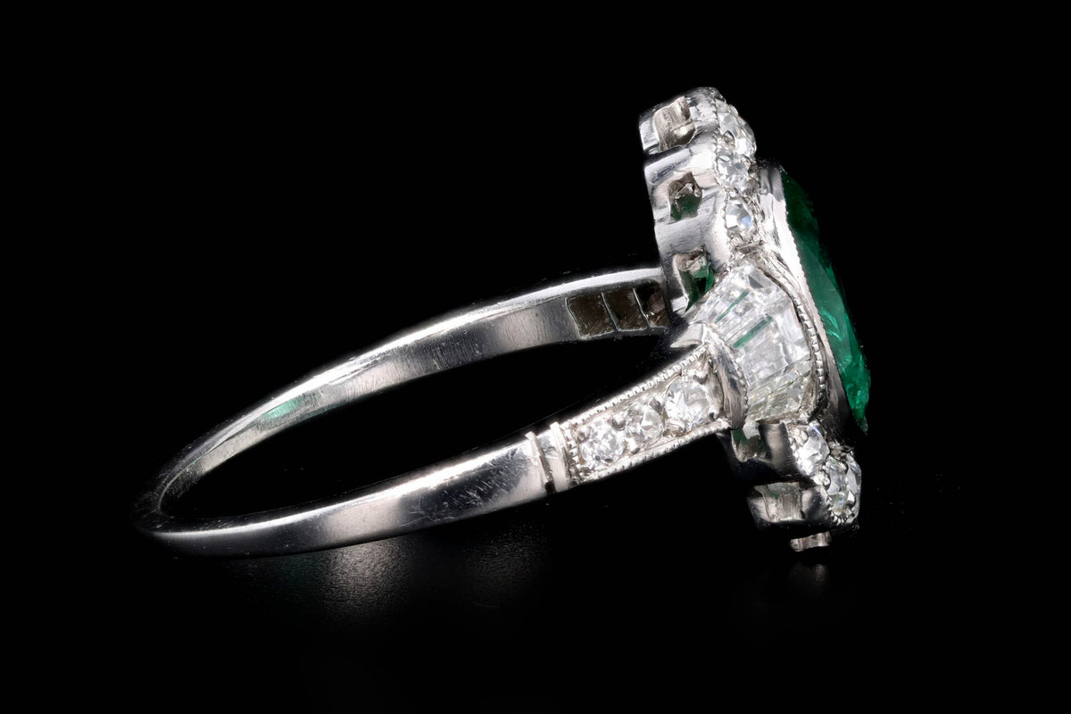 Art Deco Inspired Platinum 1.25 Carat Oval Cut Natural Emerald & Old European Cut Diamond Ring - Queen May