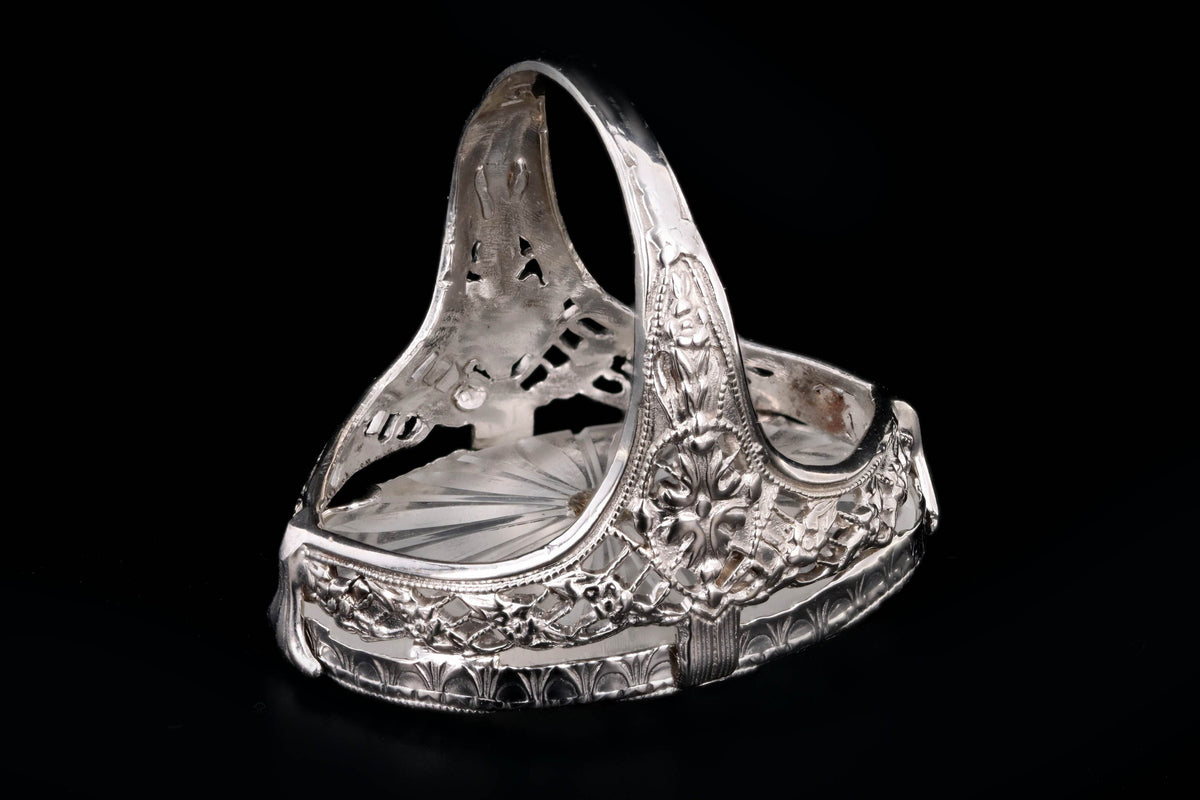 Art Deco 14K White Gold Rock Crystal Quartz & Diamond Filigree Ring - Queen May