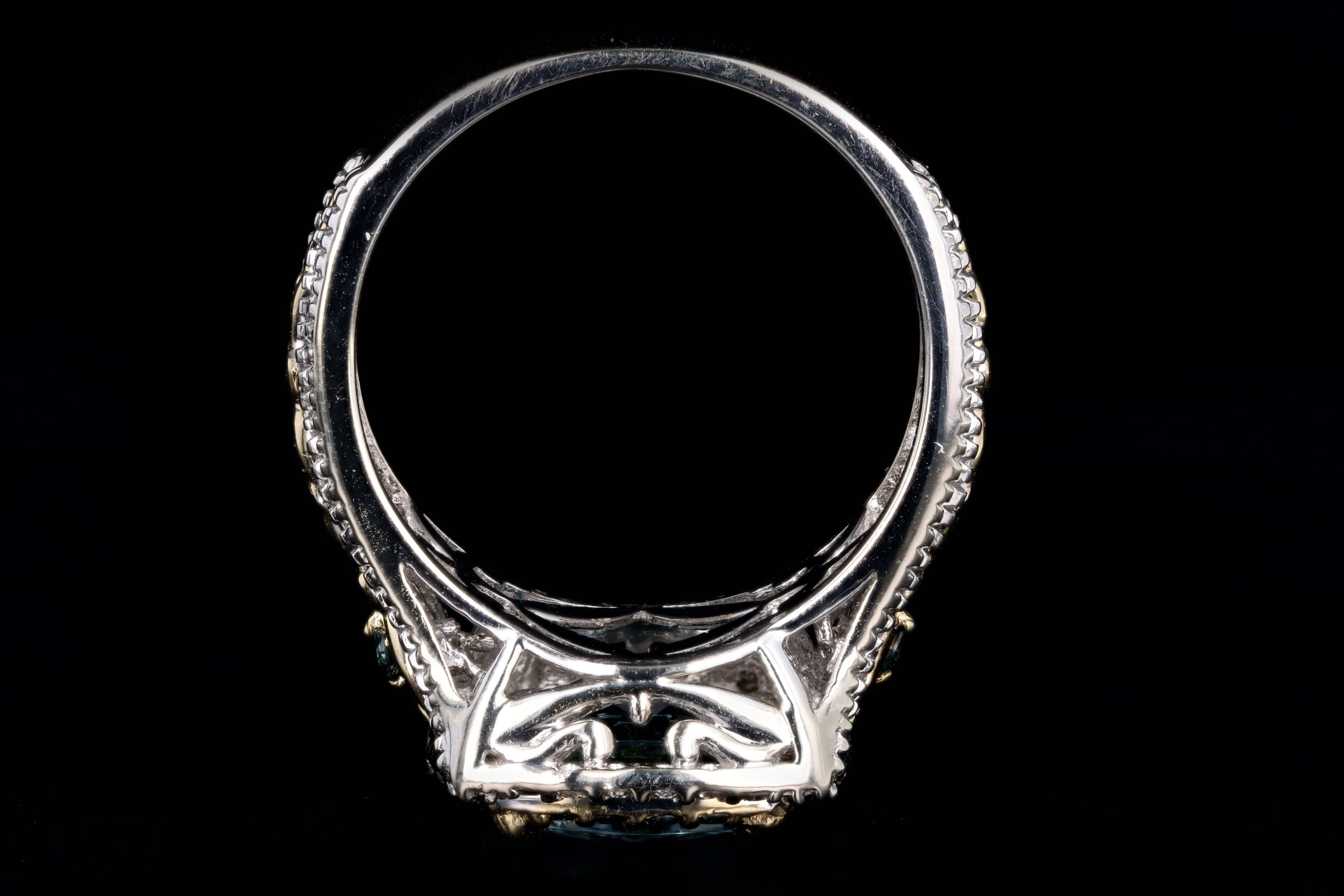 14K Two Tone Gold 2.0 Carat Aquamarine & Blue Diamond Ring - Queen May