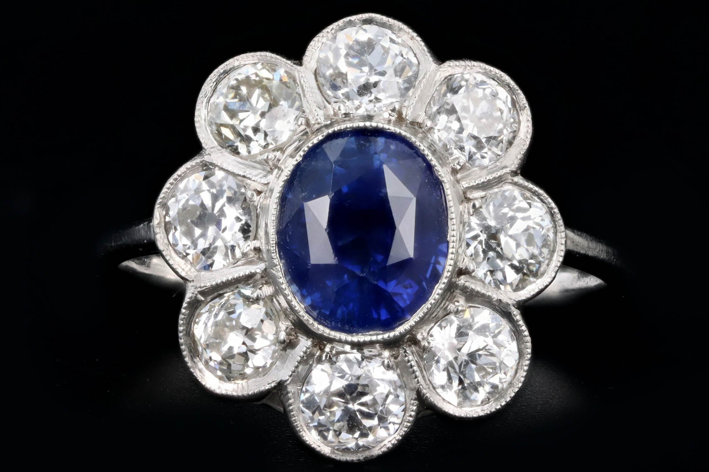 Art Deco Inspired Platinum 2.21 Carat Oval Cut Natural Sapphire & Old European Cut Diamond Halo Cluster Ring - Queen May
