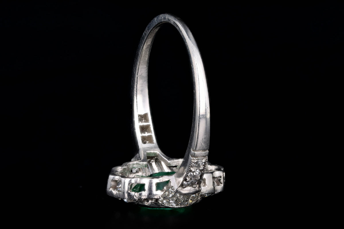 Art Deco Inspired Platinum 1.25 Carat Oval Cut Natural Emerald & Old European Cut Diamond Ring - Queen May