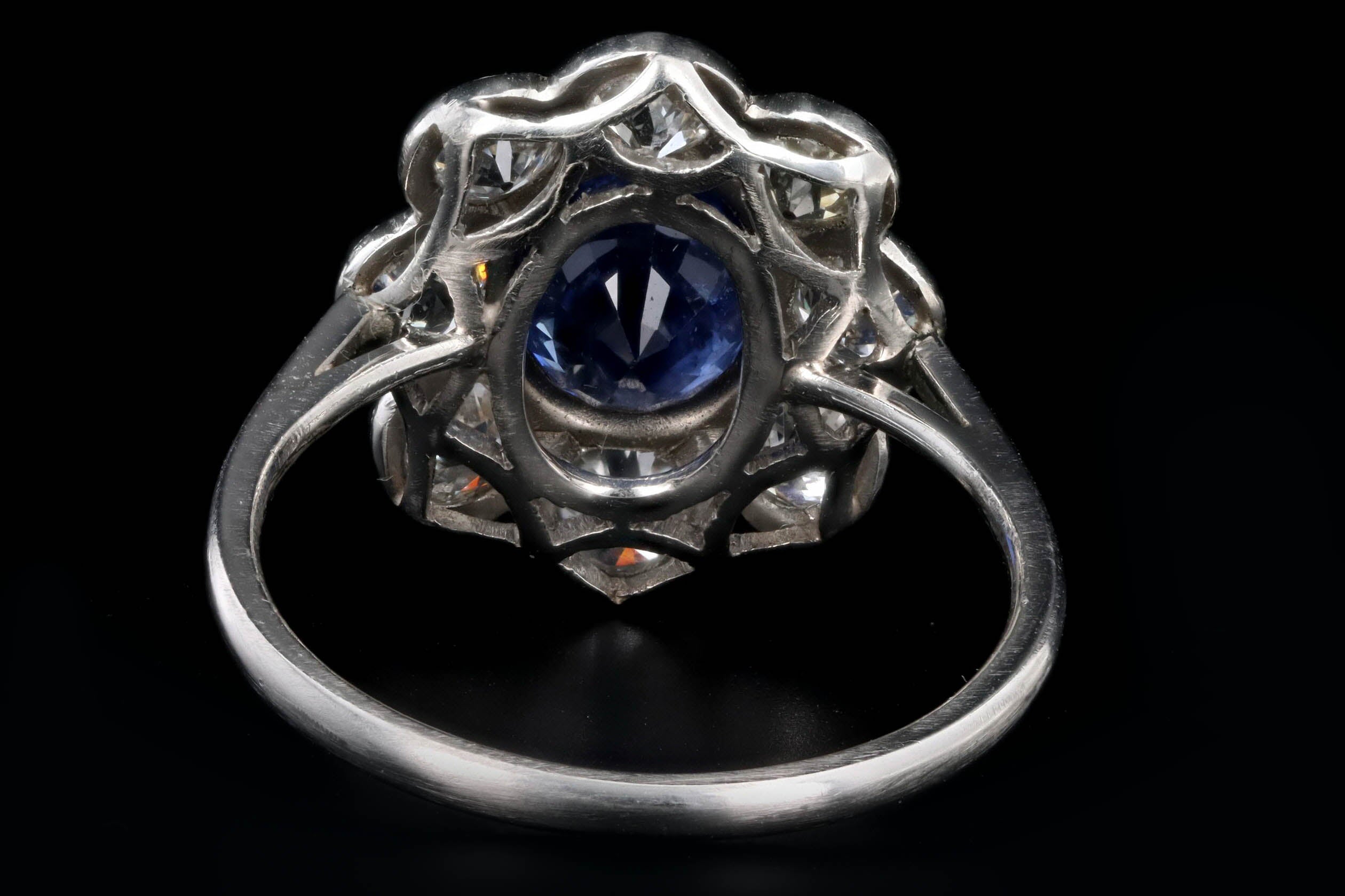 Art Deco Inspired Platinum 2.21 Carat Oval Cut Natural Sapphire & Old European Cut Diamond Halo Cluster Ring - Queen May