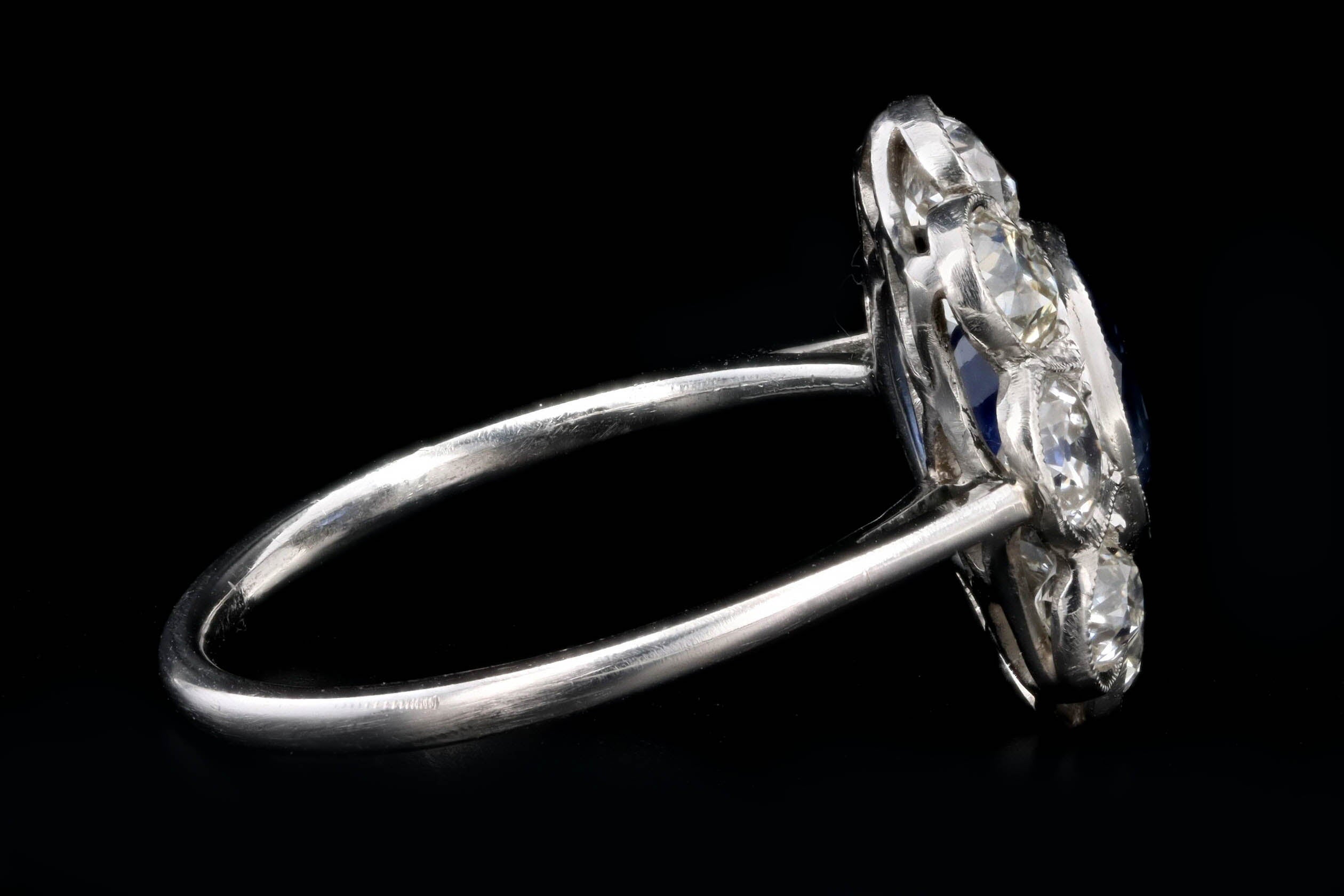 Art Deco Inspired Platinum 2.21 Carat Oval Cut Natural Sapphire & Old European Cut Diamond Halo Cluster Ring - Queen May