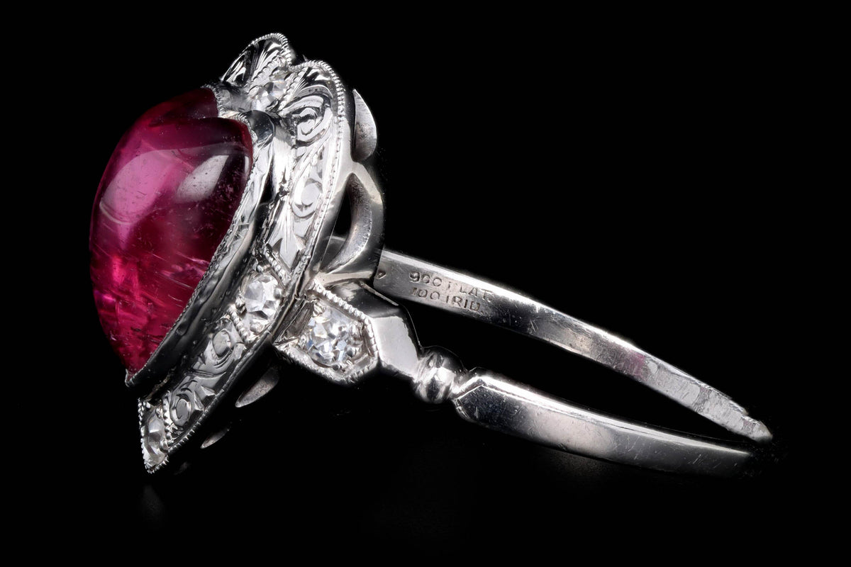 Art Deco Platinum Heart Cabochon Cut Pink Tourmaline & Diamond Ring - Queen May