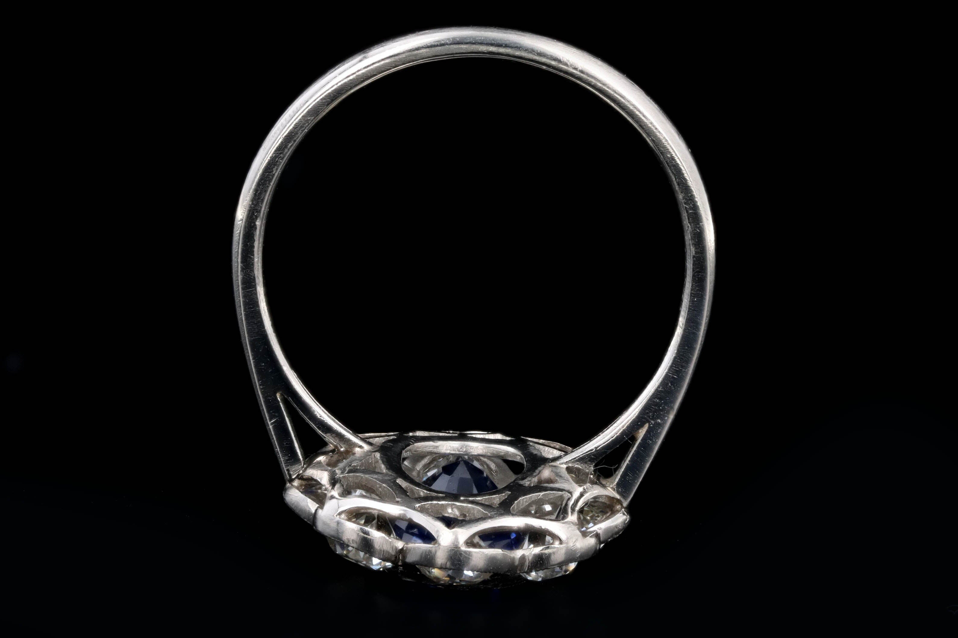 Art Deco Inspired Platinum 2.21 Carat Oval Cut Natural Sapphire & Old European Cut Diamond Halo Cluster Ring - Queen May