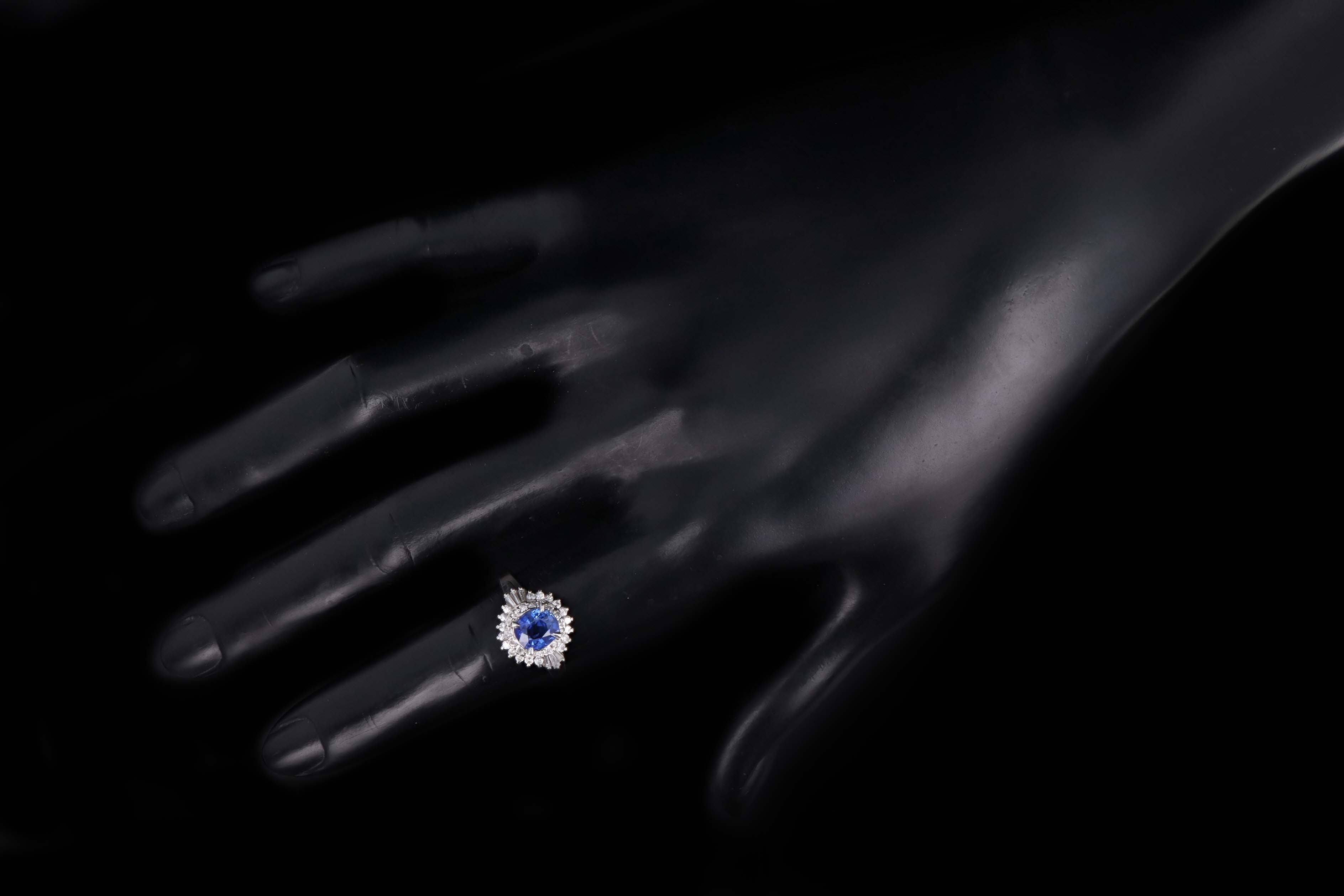 Retro Platinum 1.38 Carat Cushion Cut Natural Sapphire & Diamond Fan Ring - Queen May