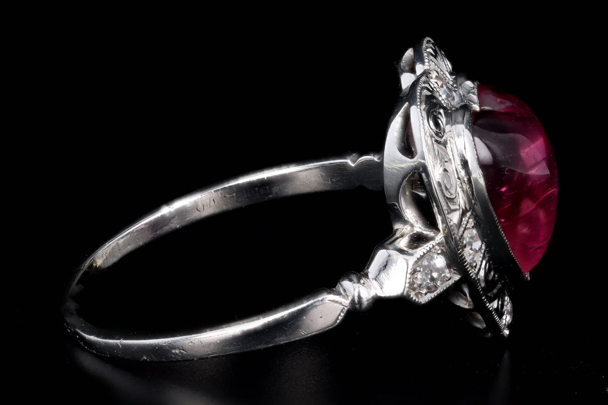 Art Deco Platinum Heart Cabochon Cut Pink Tourmaline & Diamond Ring - Queen May