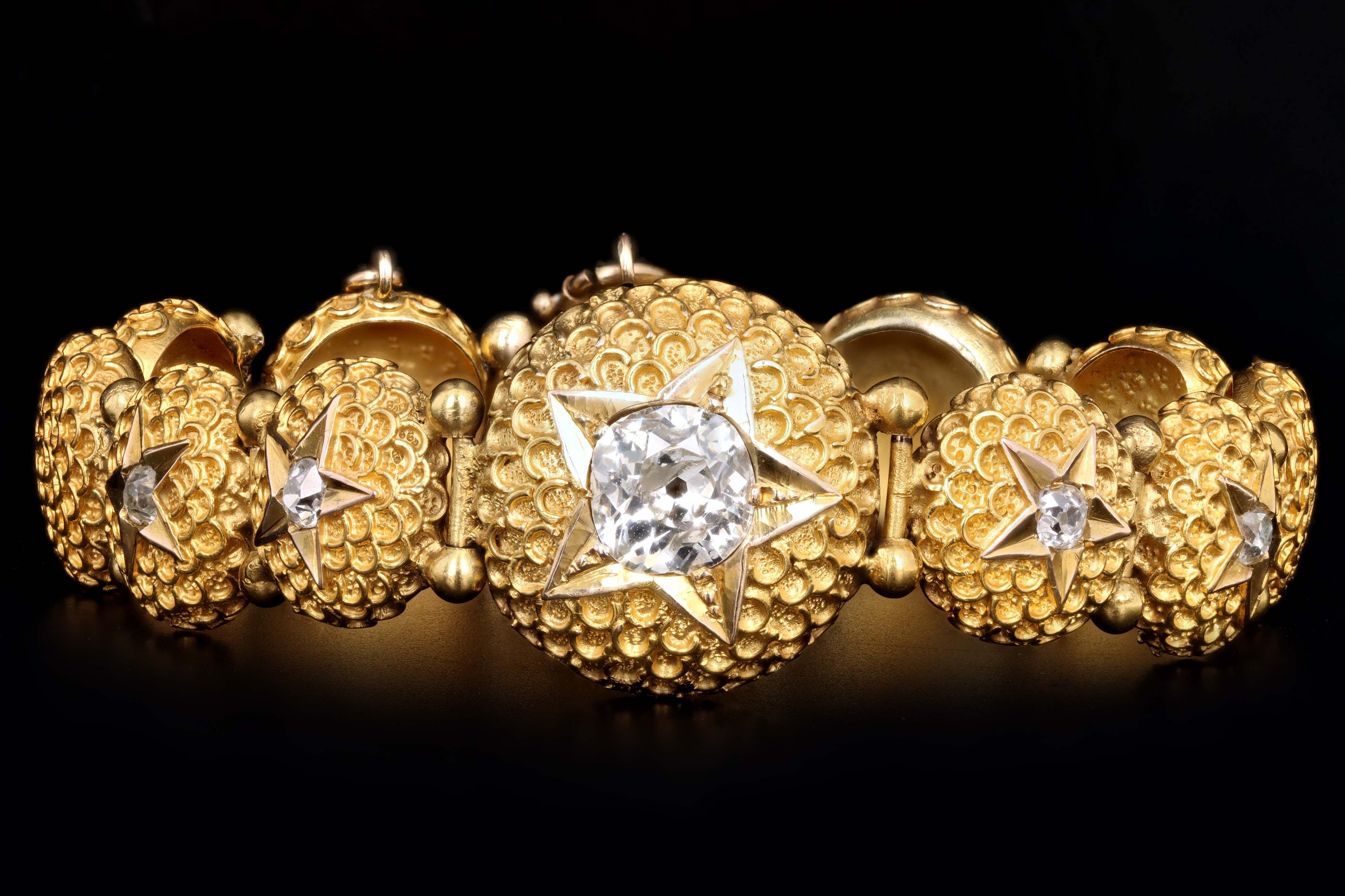 Victorian 14K Yellow Gold 1.50 Carat Old Mine Cut Diamond Starburst Button Bracelet - Queen May