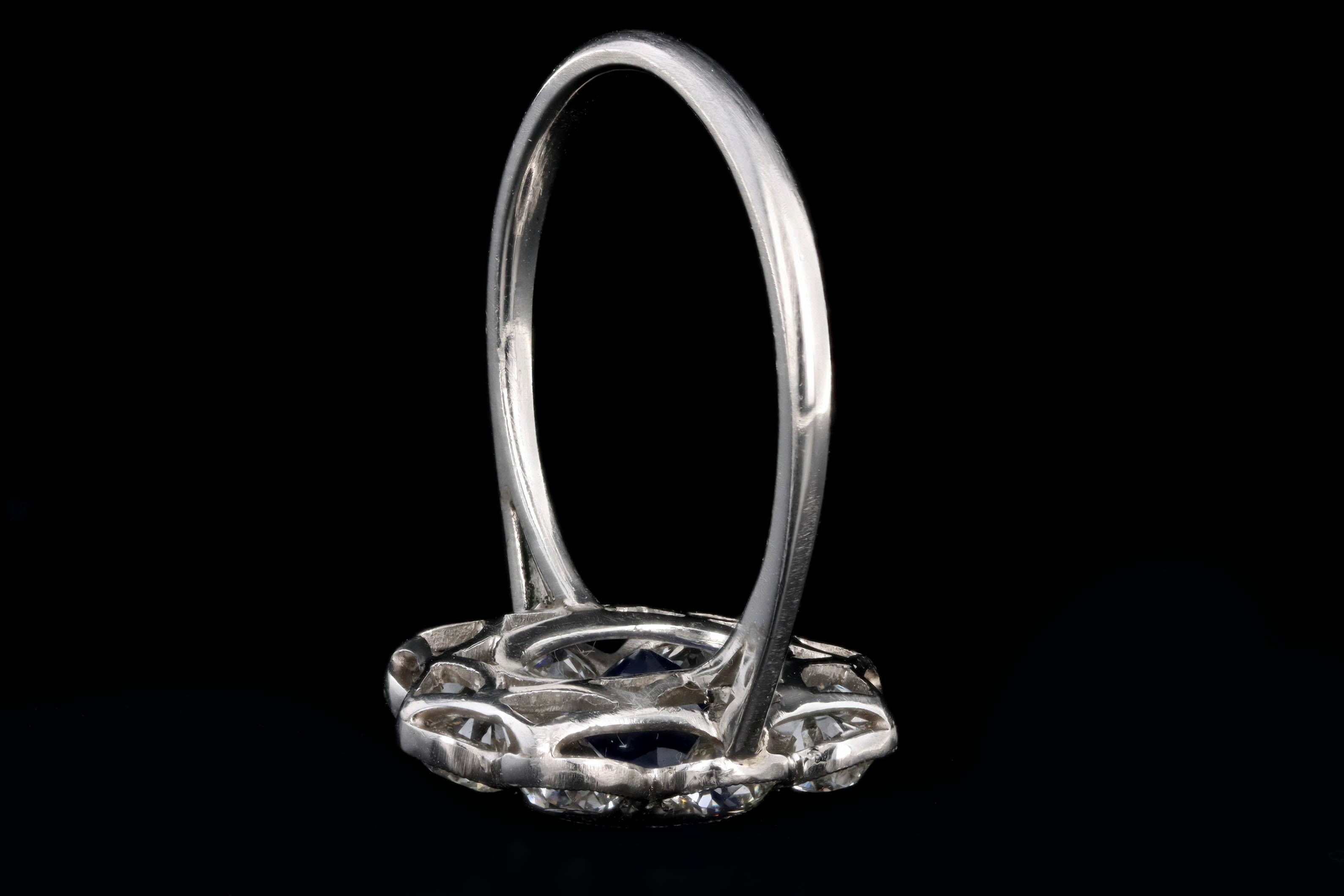 Art Deco Inspired Platinum 2.21 Carat Oval Cut Natural Sapphire & Old European Cut Diamond Halo Cluster Ring - Queen May