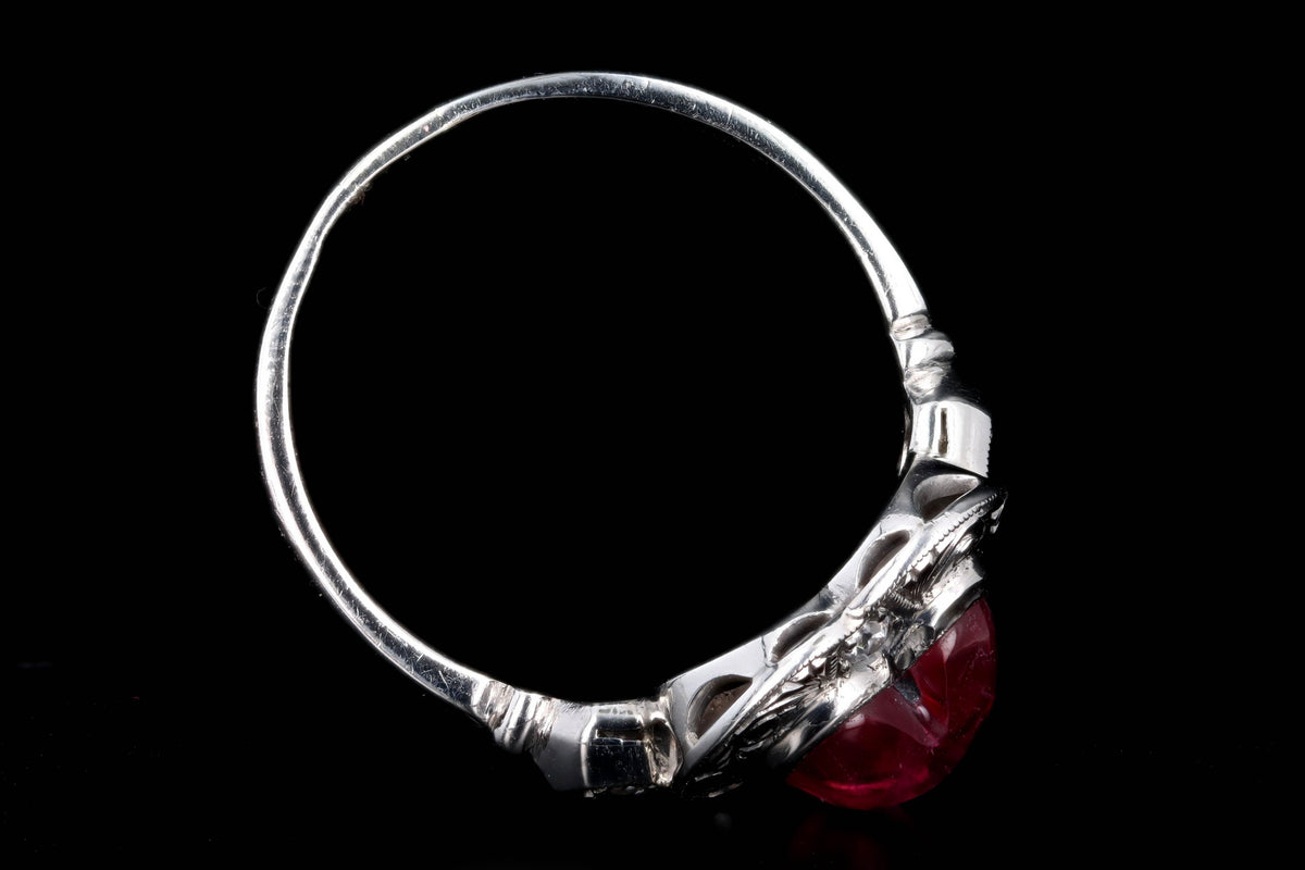 Art Deco Platinum Heart Cabochon Cut Pink Tourmaline & Diamond Ring - Queen May