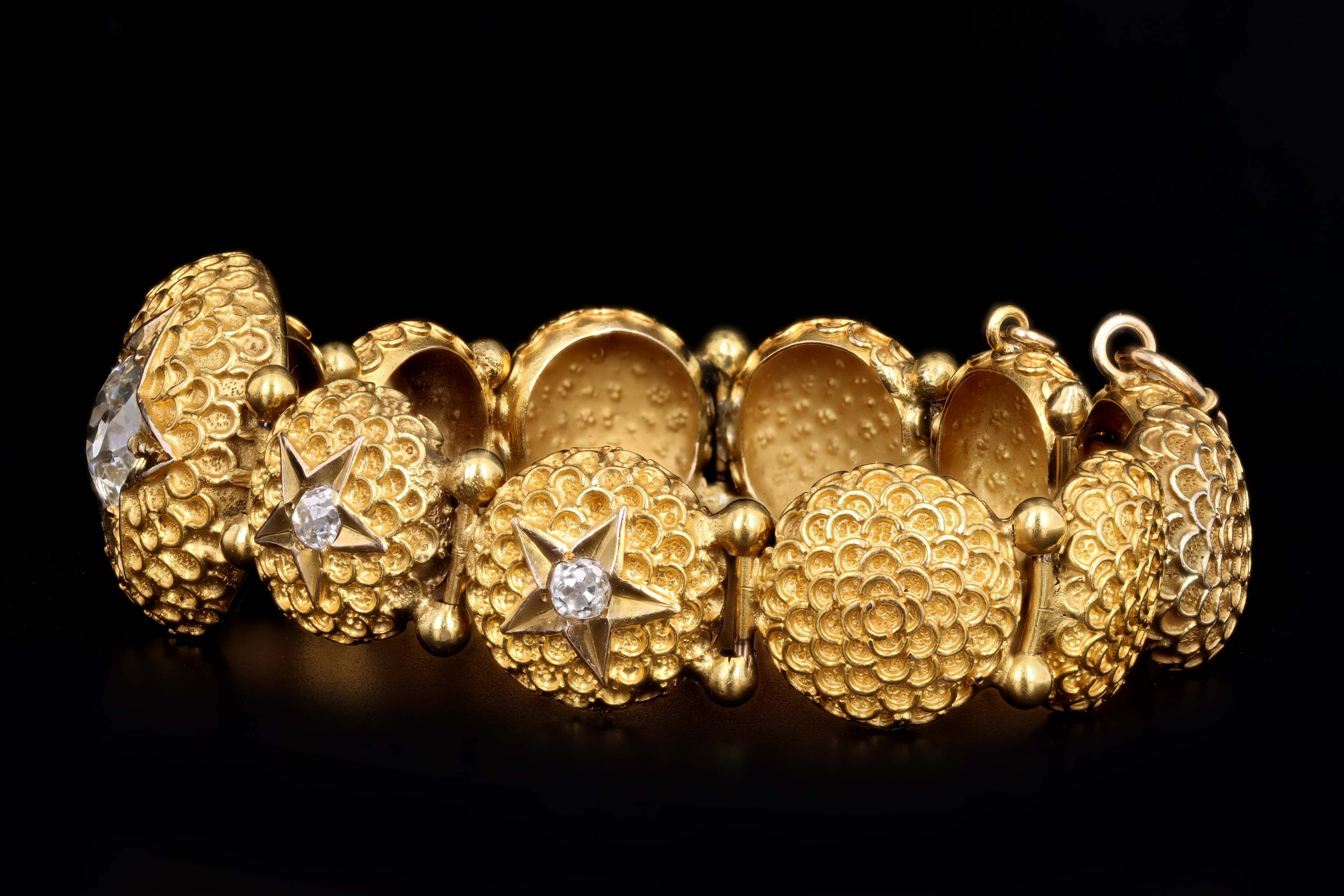 Victorian 14K Yellow Gold 1.50 Carat Old Mine Cut Diamond Starburst Button Bracelet - Queen May