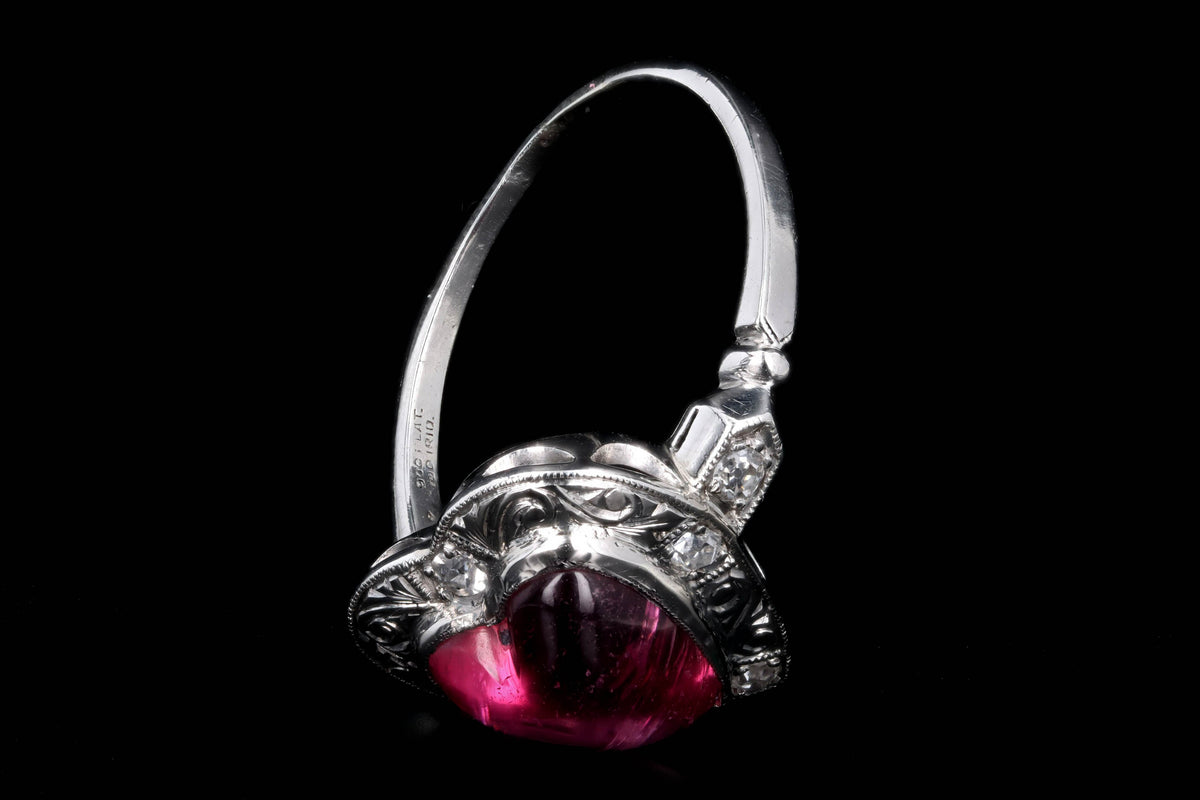 Art Deco Platinum Heart Cabochon Cut Pink Tourmaline & Diamond Ring - Queen May
