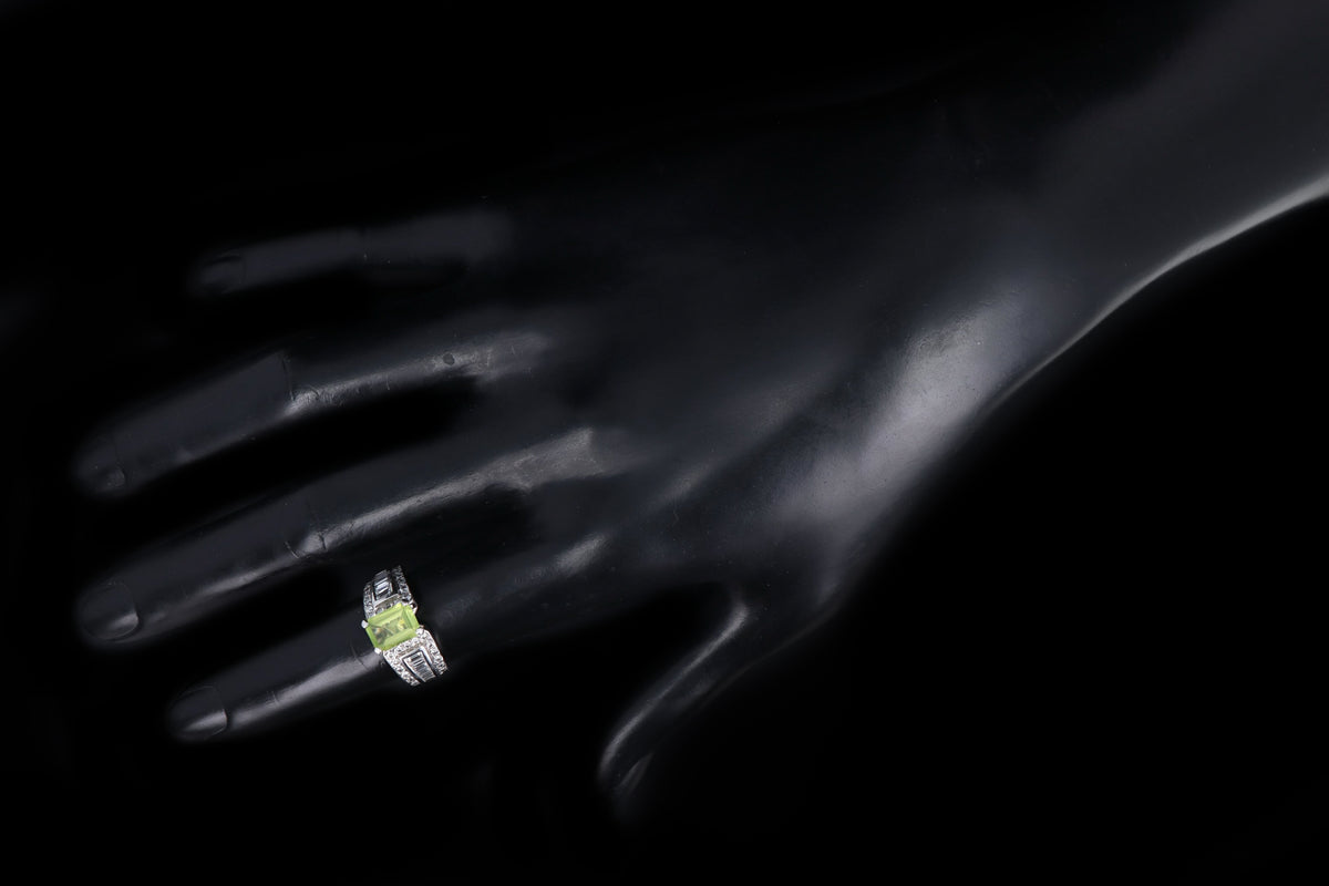 14K White Gold 1.35 Carat Emerald Cut Peridot & Diamond Ring - Queen May