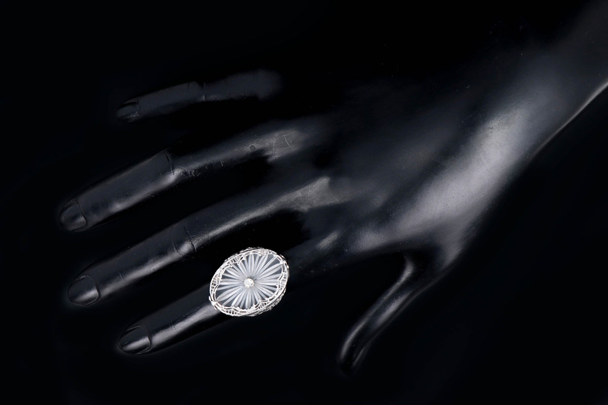 Art Deco 14K White Gold Rock Crystal Quartz & Diamond Filigree Ring - Queen May