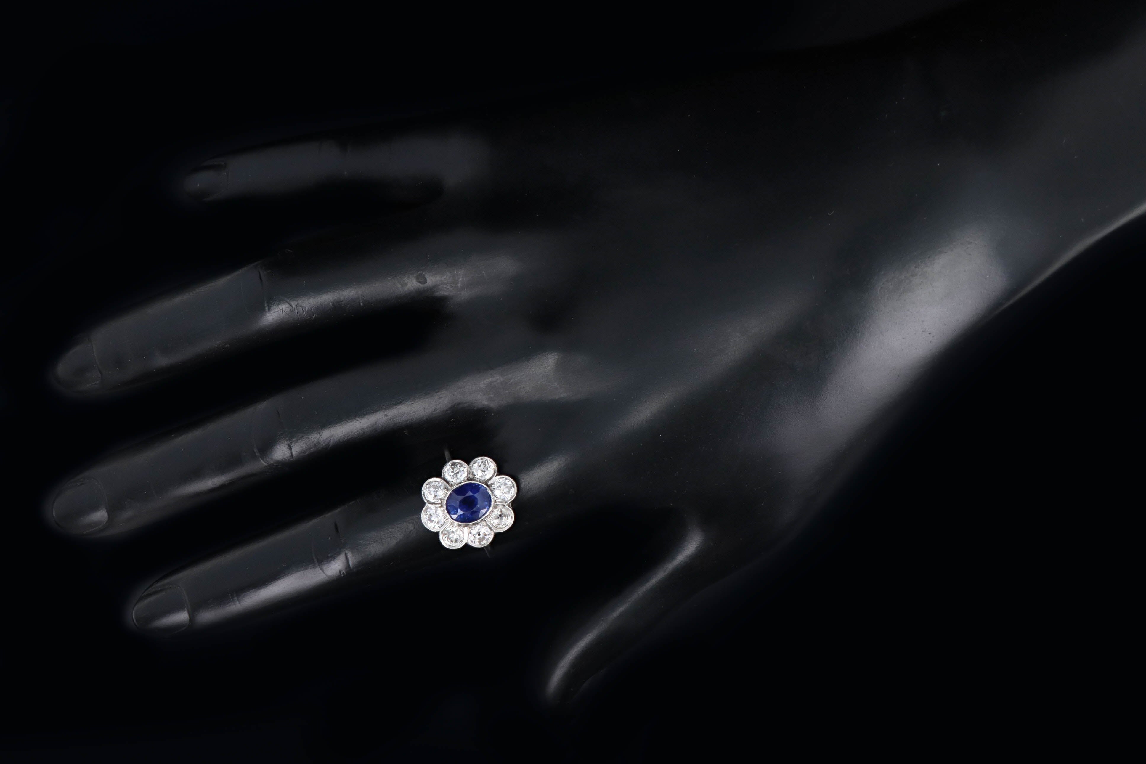 Art Deco Inspired Platinum 2.21 Carat Oval Cut Natural Sapphire & Old European Cut Diamond Halo Cluster Ring - Queen May