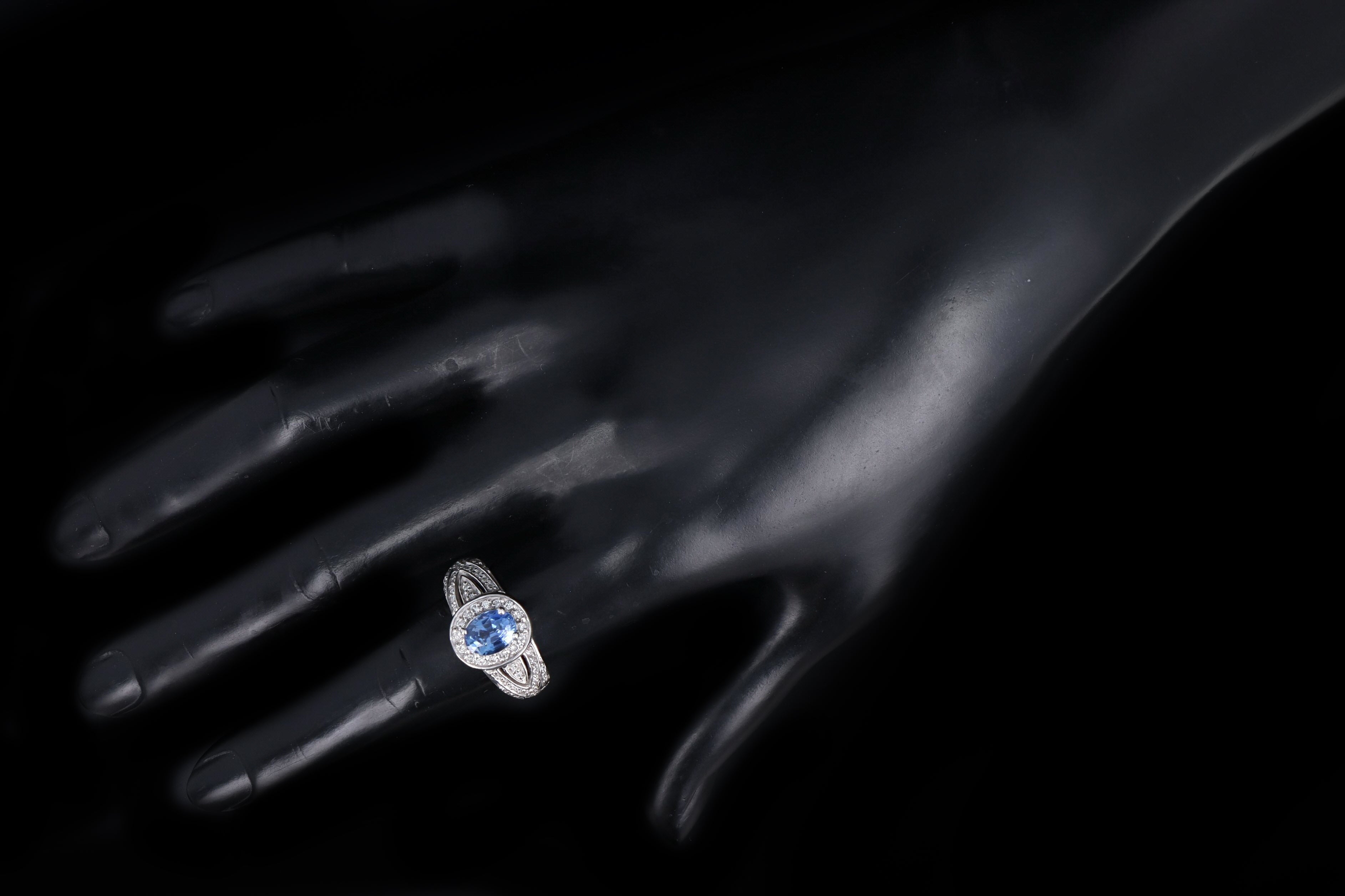 14K White Gold 1.71 Carat Natural Sapphire & Diamond Halo Ring - Queen May