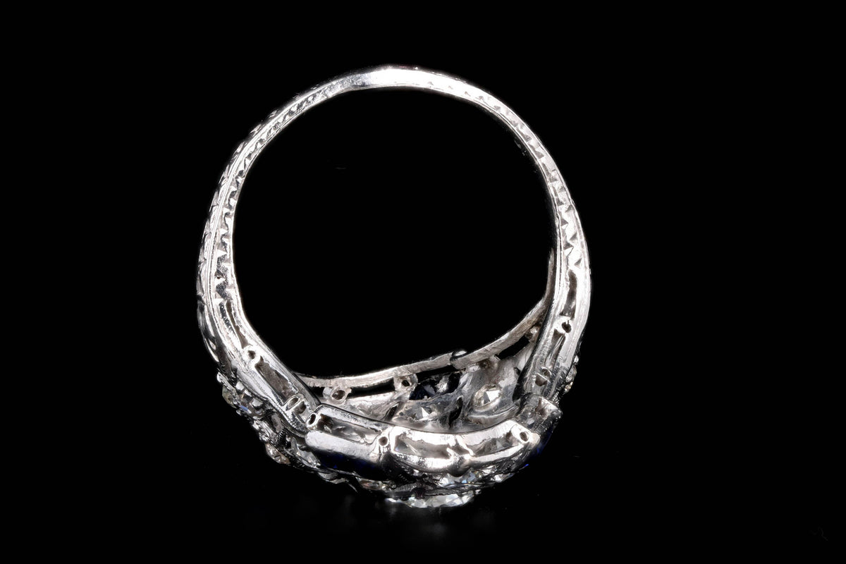 Art Deco Platinum Old European Cut Diamond Three Stone and French Cut Sapphire Hand Engraved Shield Ring - Queen May